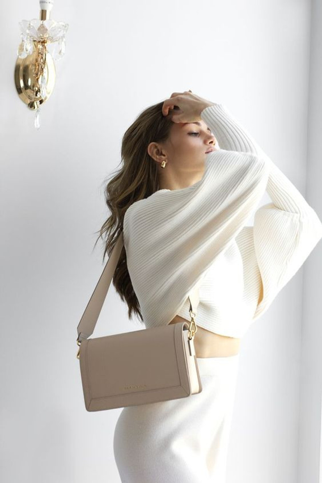 Референс для женской сумки в форме клатча с металлическими деталями.