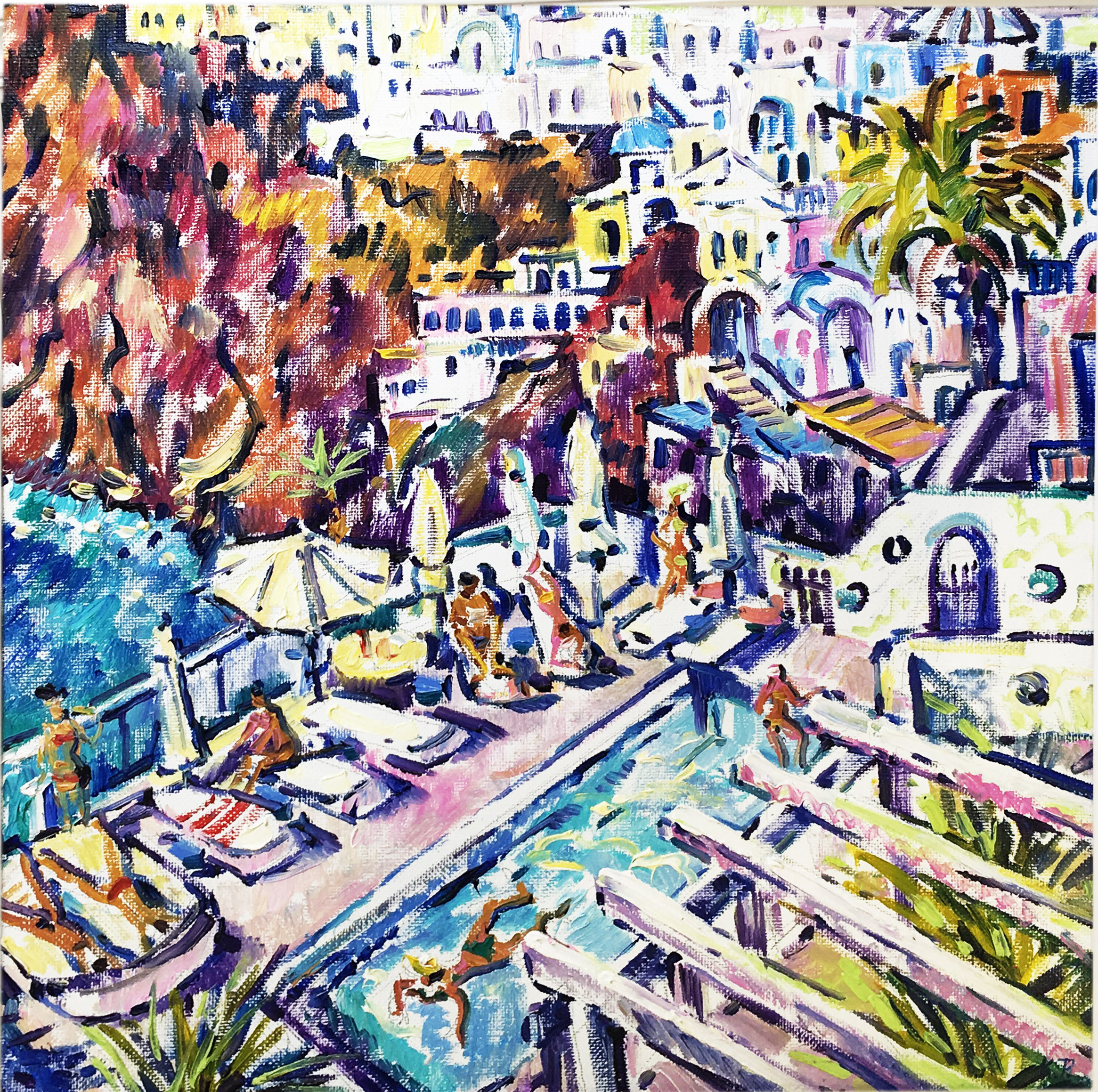 A view of the hotel pool, an expressionist landscape.