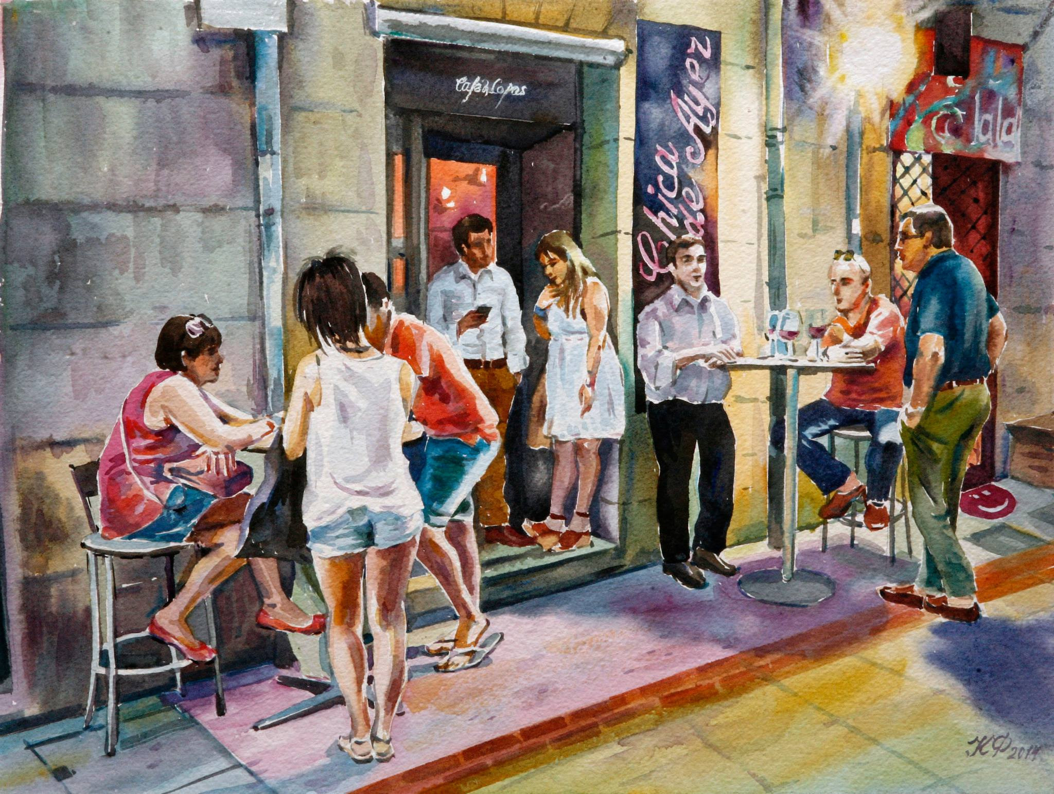 Bar tables with visitors at the entrance of La Chica de Ayer bar.