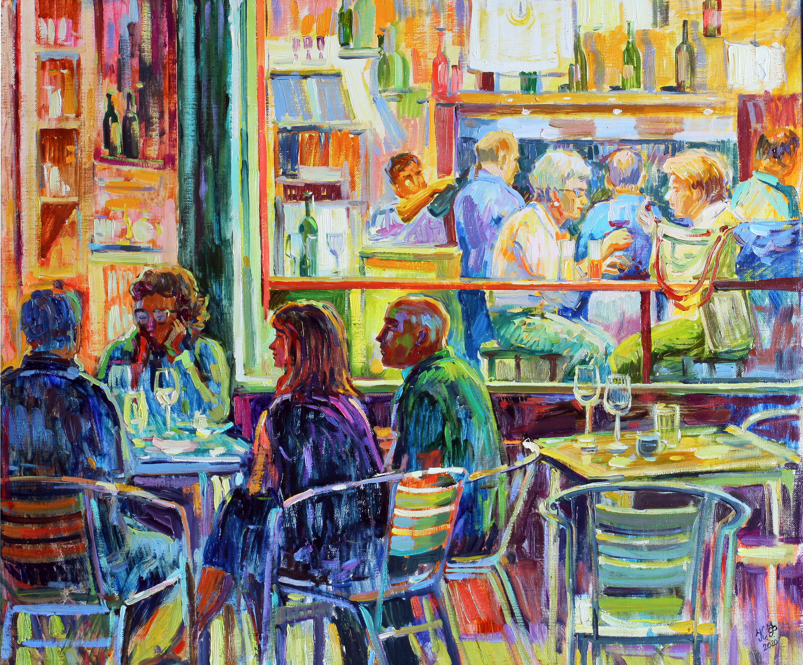 A group of elderly people on the terrace of a bar and a couple of elderly friends inside behind the glass, a joyful atmosphere.