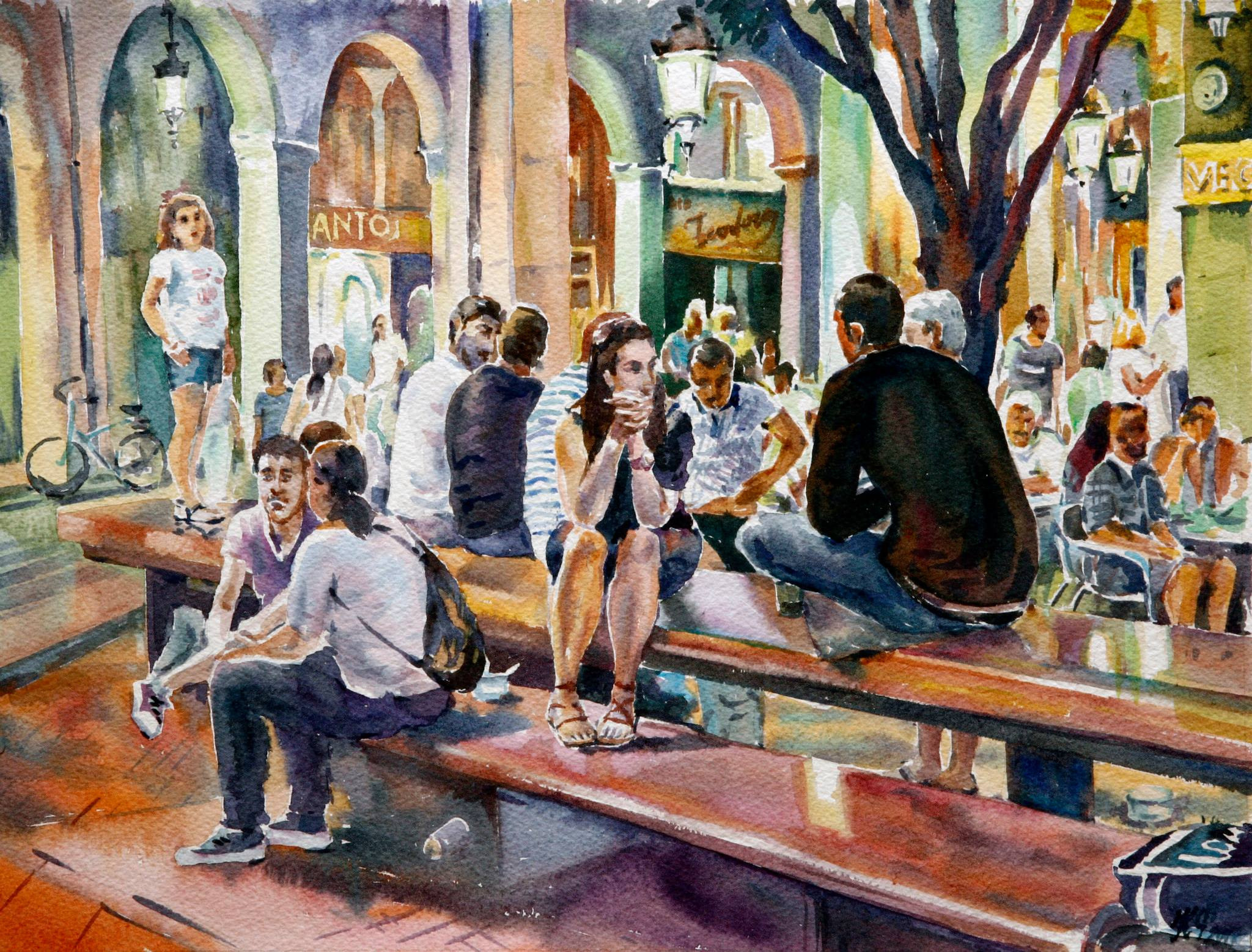 Conversations on a bench in a public space (watercolor)