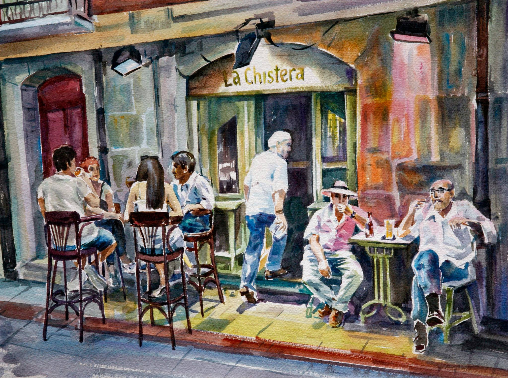 The facade of La Chistera bar and several gentlemen drinking beer with snacks.