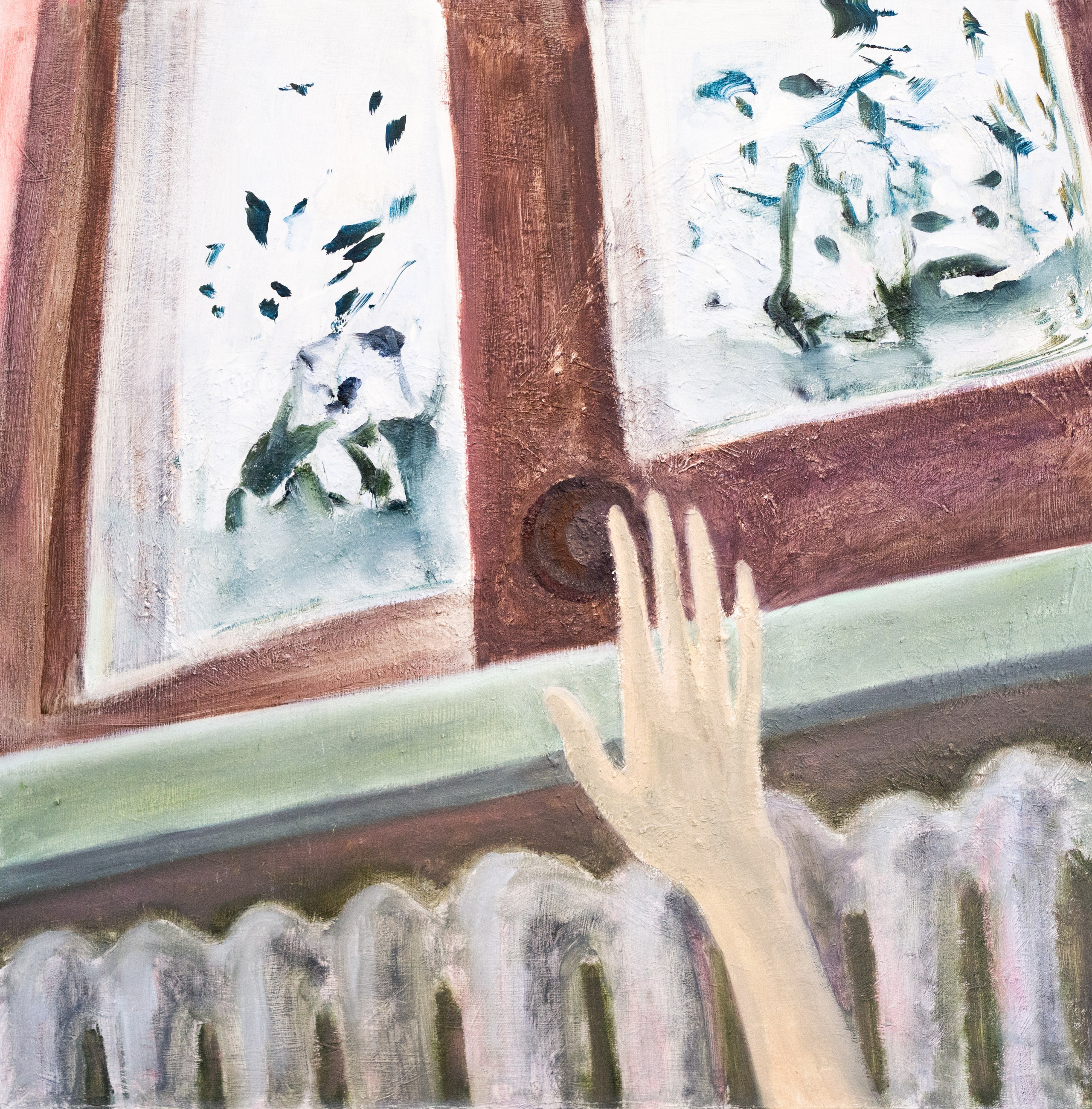 I’M GOOD AT HIDING / Oil on canvas, 60 x 60 cm, 2024 / Today I had a dream about a chase in St. Petersburg. I find shelter in the building of an institute for the study of geodesy. I run through pink gothic corridors and stairs upstairs. On the top floor is the girls’ bathroom (like in Harry Potter). A sense of danger and fear. I see a window high above the radiator, an old window to the ceiling. It opens easily thanks to a comfortable wooden handle. Birds chirping and wind rushing into the room (my French teacher used to say: “The main thing to do when you hit a snag during an exam is not to stand frozen, but to do something. For example, go to the window and open it.” At home, I often open the window in the kitchen. To do this, I have to climb up on a chair. I heard birds recently, during the warming season.