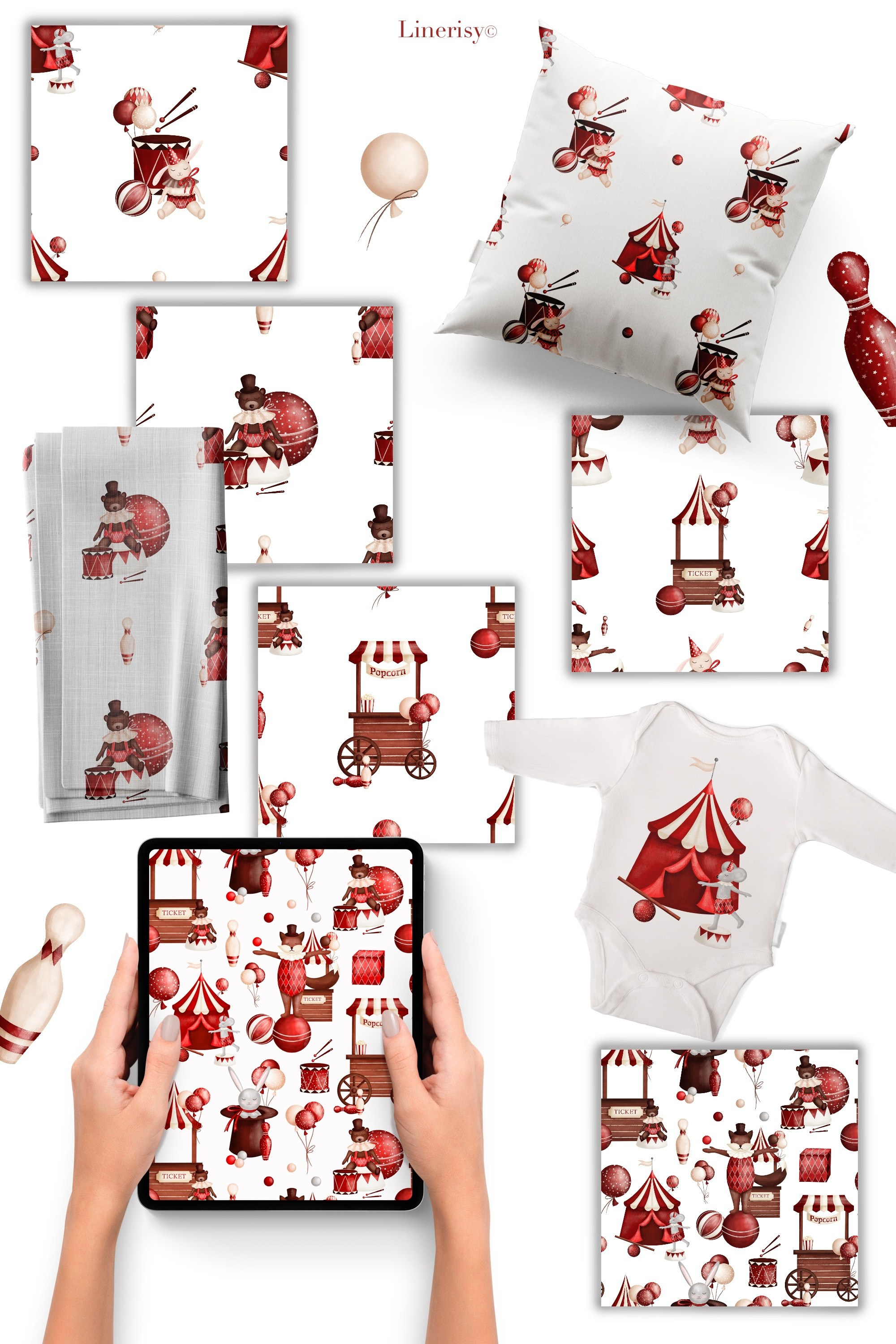 Коллекция «Цирк» — графические иллюстрации, композиции, постеры, фреймы, рамки и бесшовные паттерны. Художник-иллюстратор Евгения Бекренёва