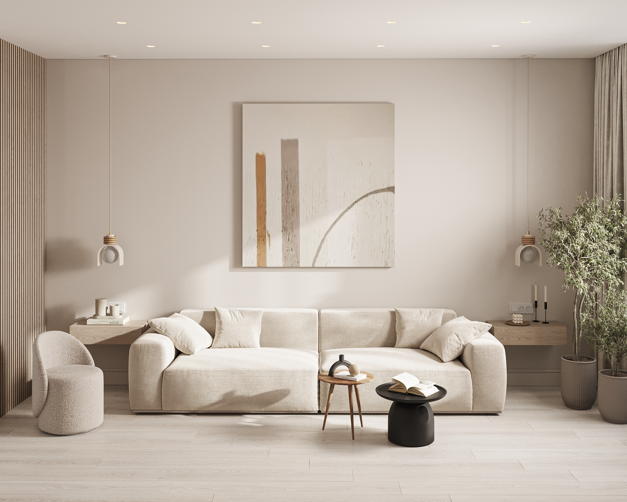 Гостиная в бежевых оттенках с мягкой посадкой и натуральными материалами — интерьер дизайнер Ксения Новикова, проект 65 м² в ЖК «Неоклассика»