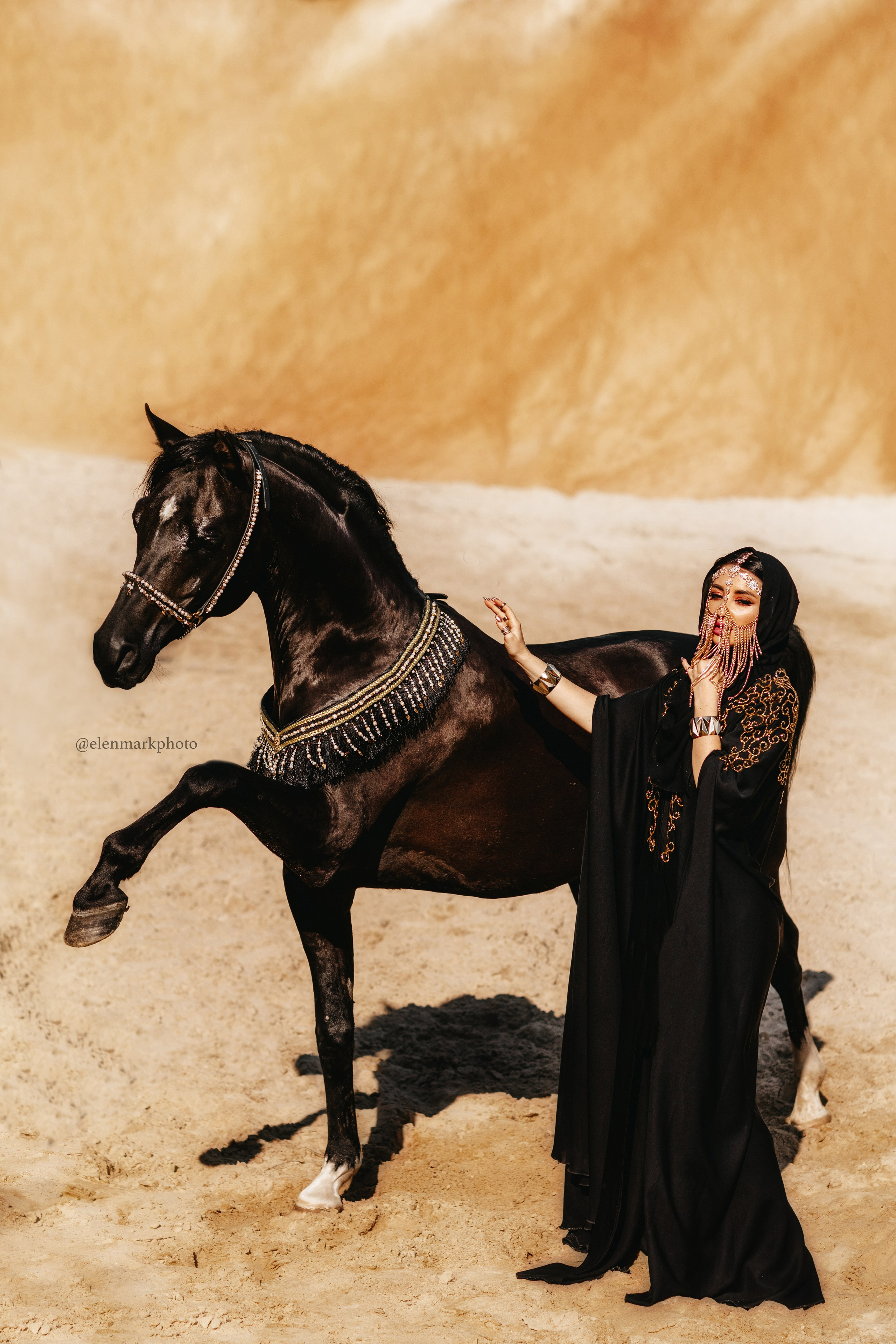 "Девушка в восточном стиле с длинными волосами, одетая в яркое восточное платье, нежно обнимает лошадь на фоне живописного пейзажа. Фотография передает атмосферу гармонии и красоты, идеально подходит для клиентов в Москве и области, ищущих уникальные фотосессии с животными."