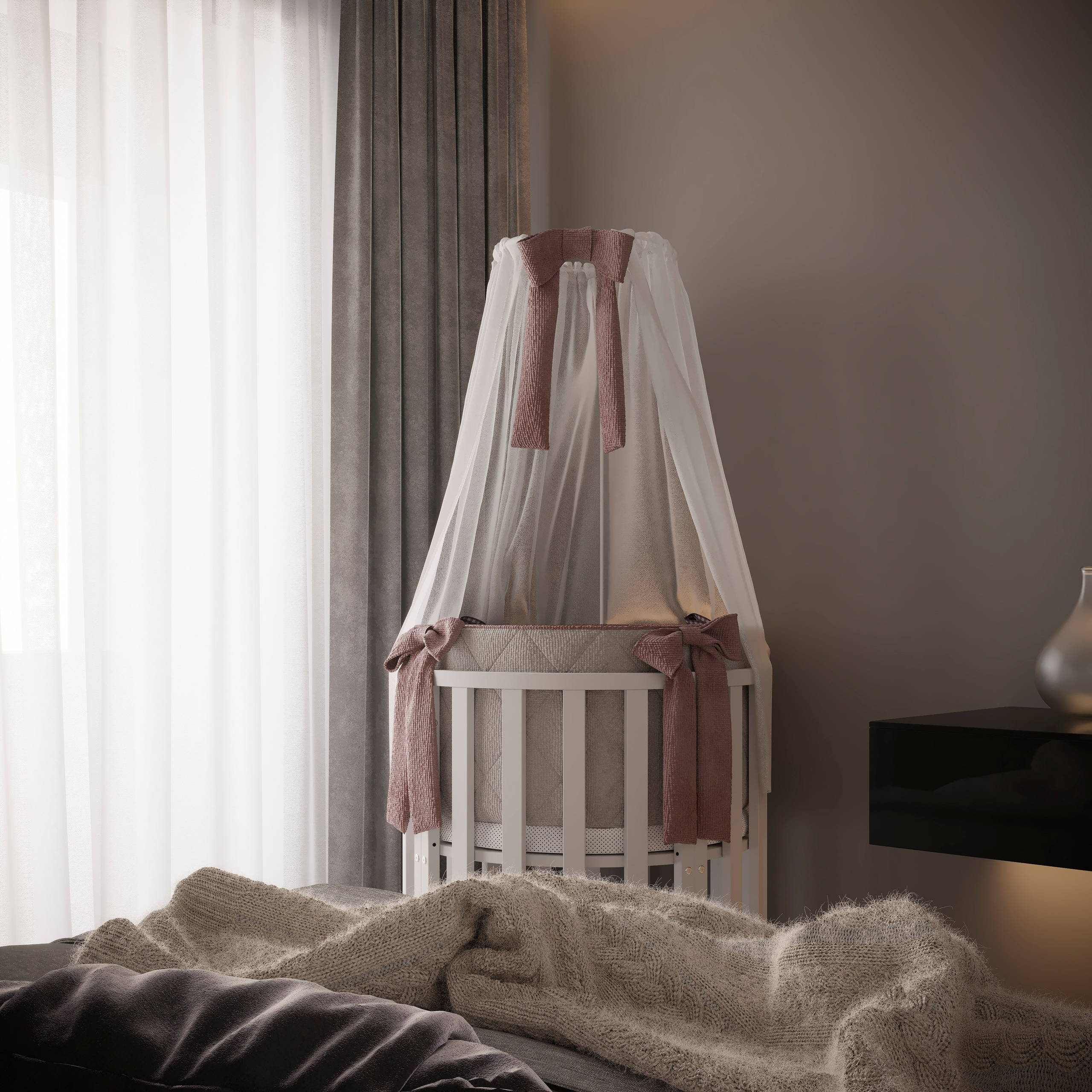 Product 3D visualization of a baby crib in a modern interior