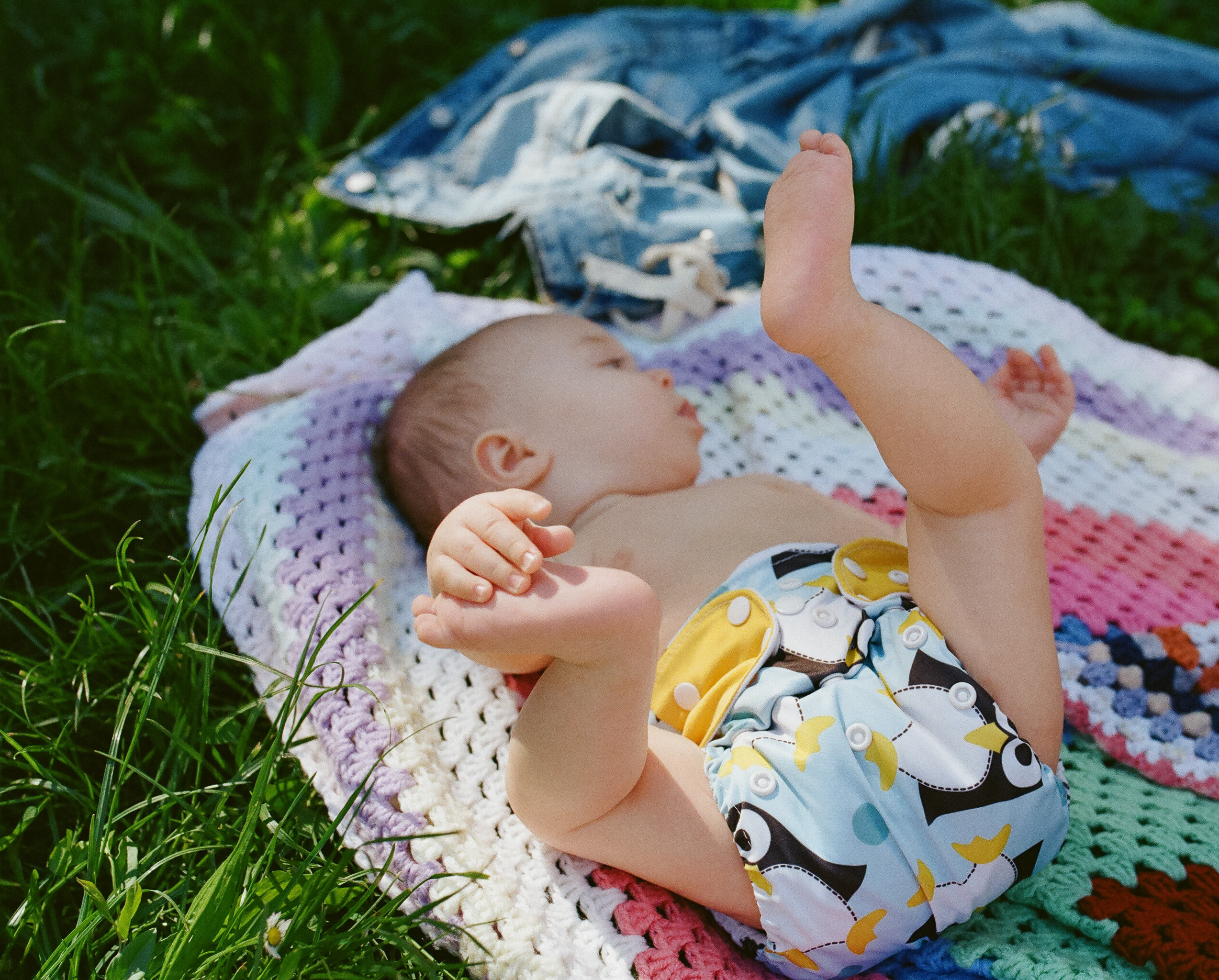 a newborn lying on the grass with cute pampers