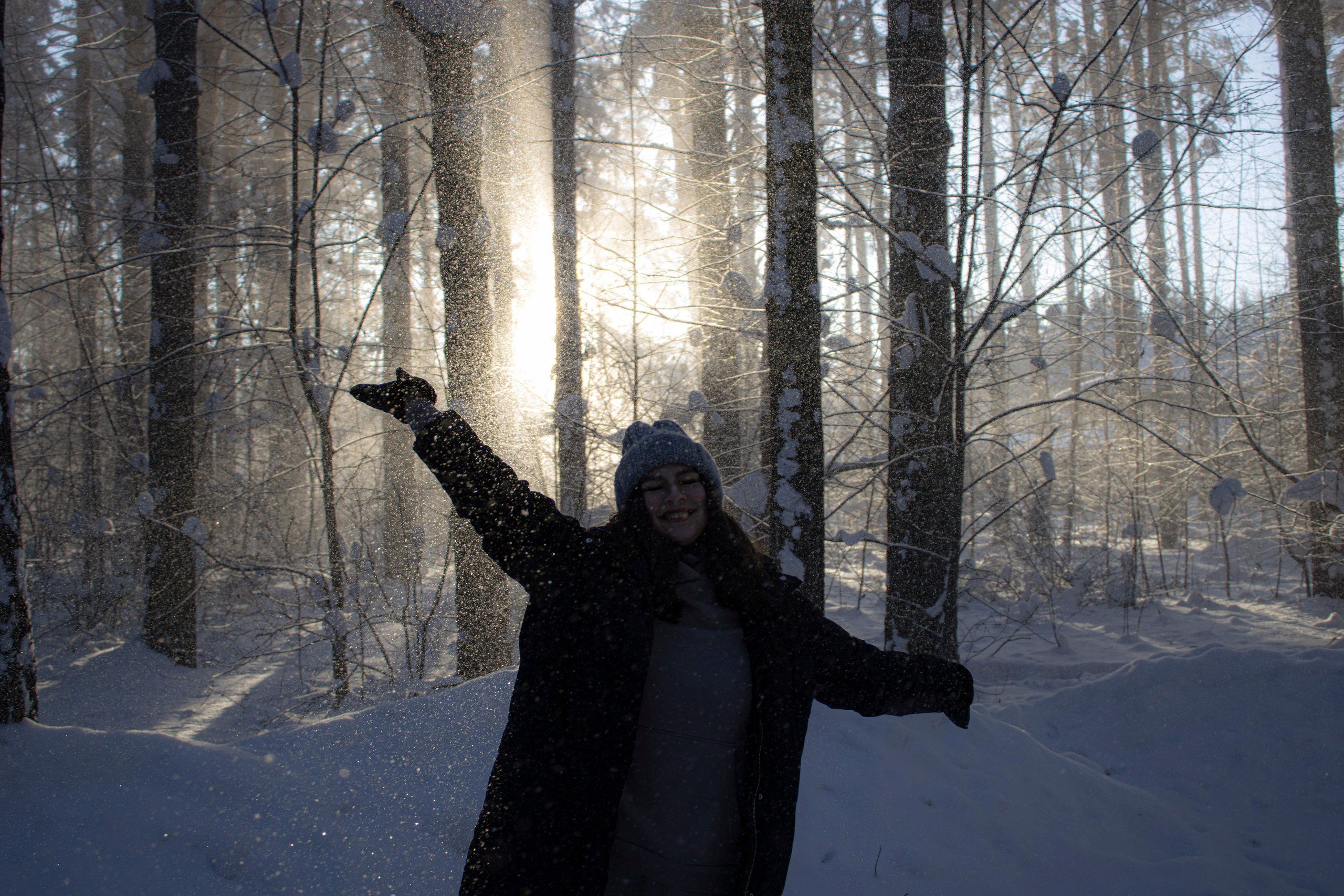 красивая снежная прогулка в лесу под лучами солнца