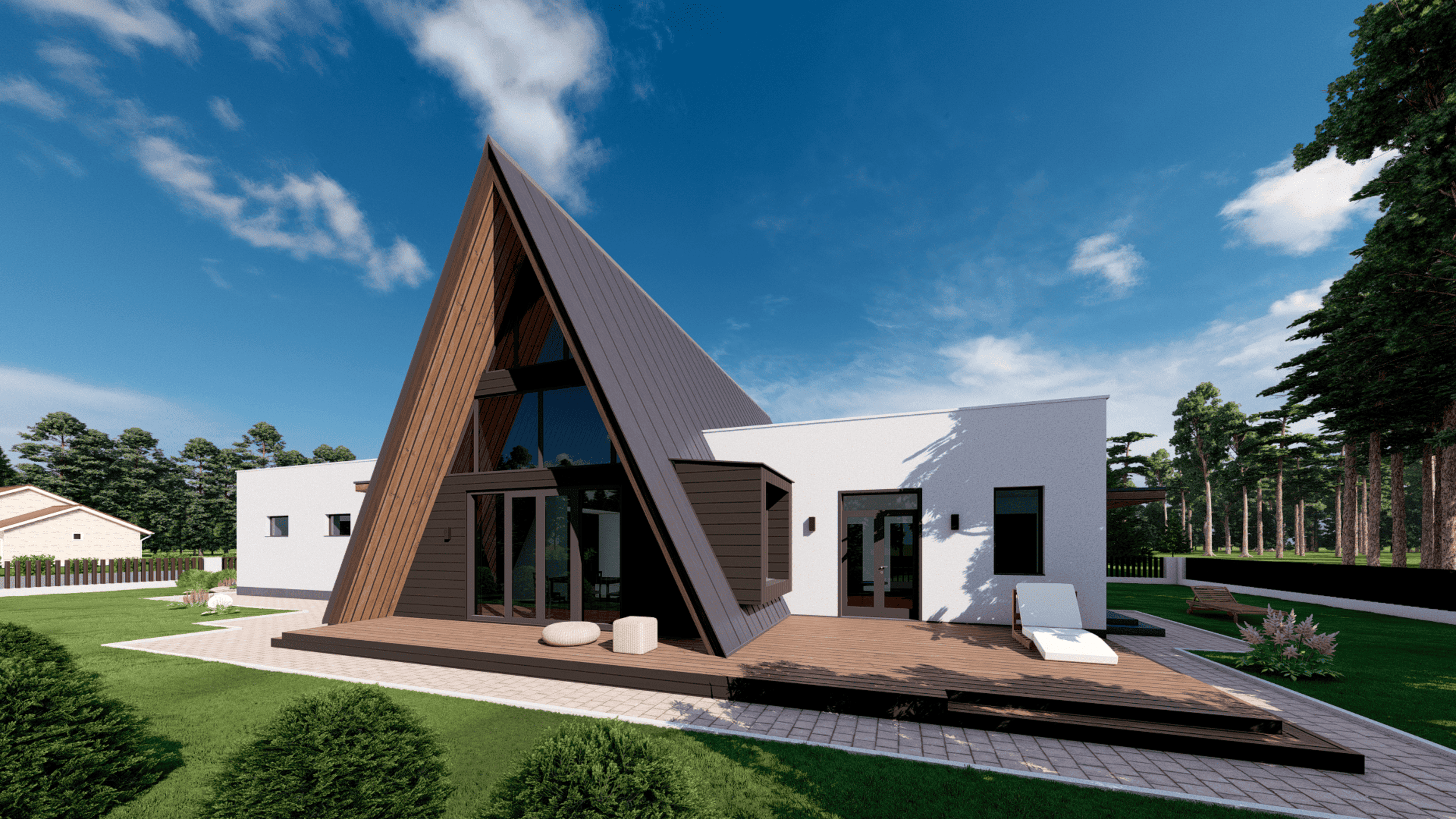 Загородный семейный A-Frame. Современный дом с необычной архитектурой. RASEN DESIGN. Архитектурные проекты зданий, интерьеров и благоустройства