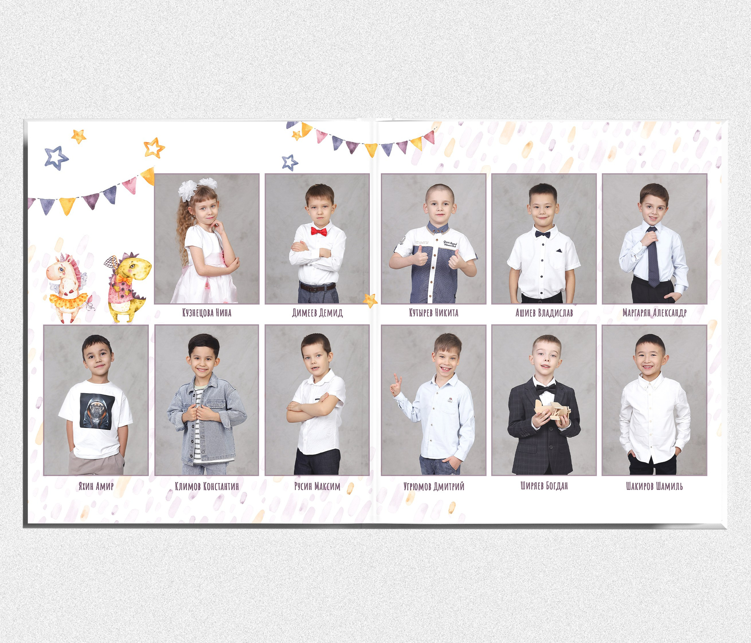 Книга выпускника из детского сада "Динозаврики и единорожки". Выпускные альбомы в Тюмени для школ, садов, вузов спортивных секций