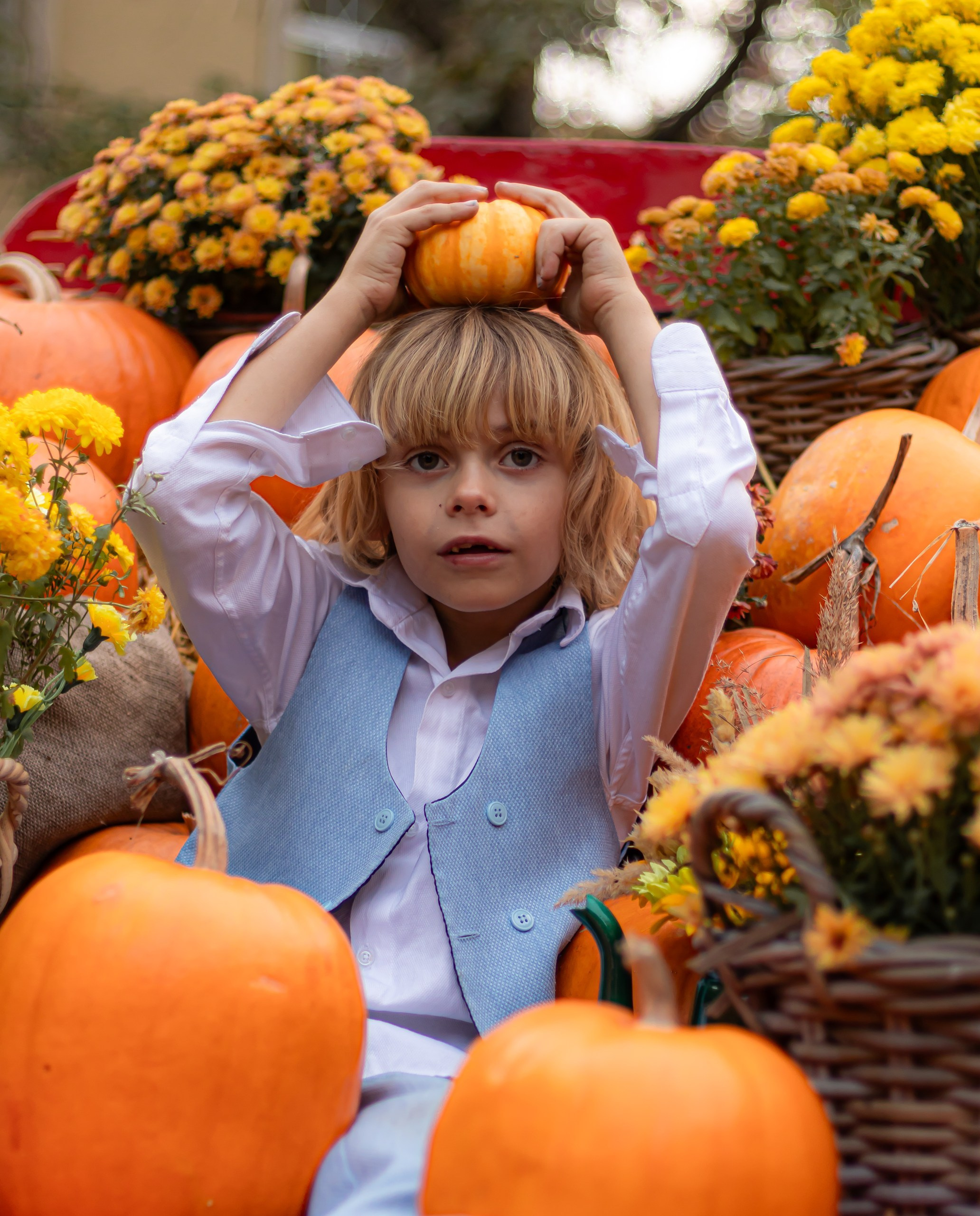 Ребёнок на осенней локации с тыквами и декором — тёплая детская съёмка, фотограф Карасёва Елена