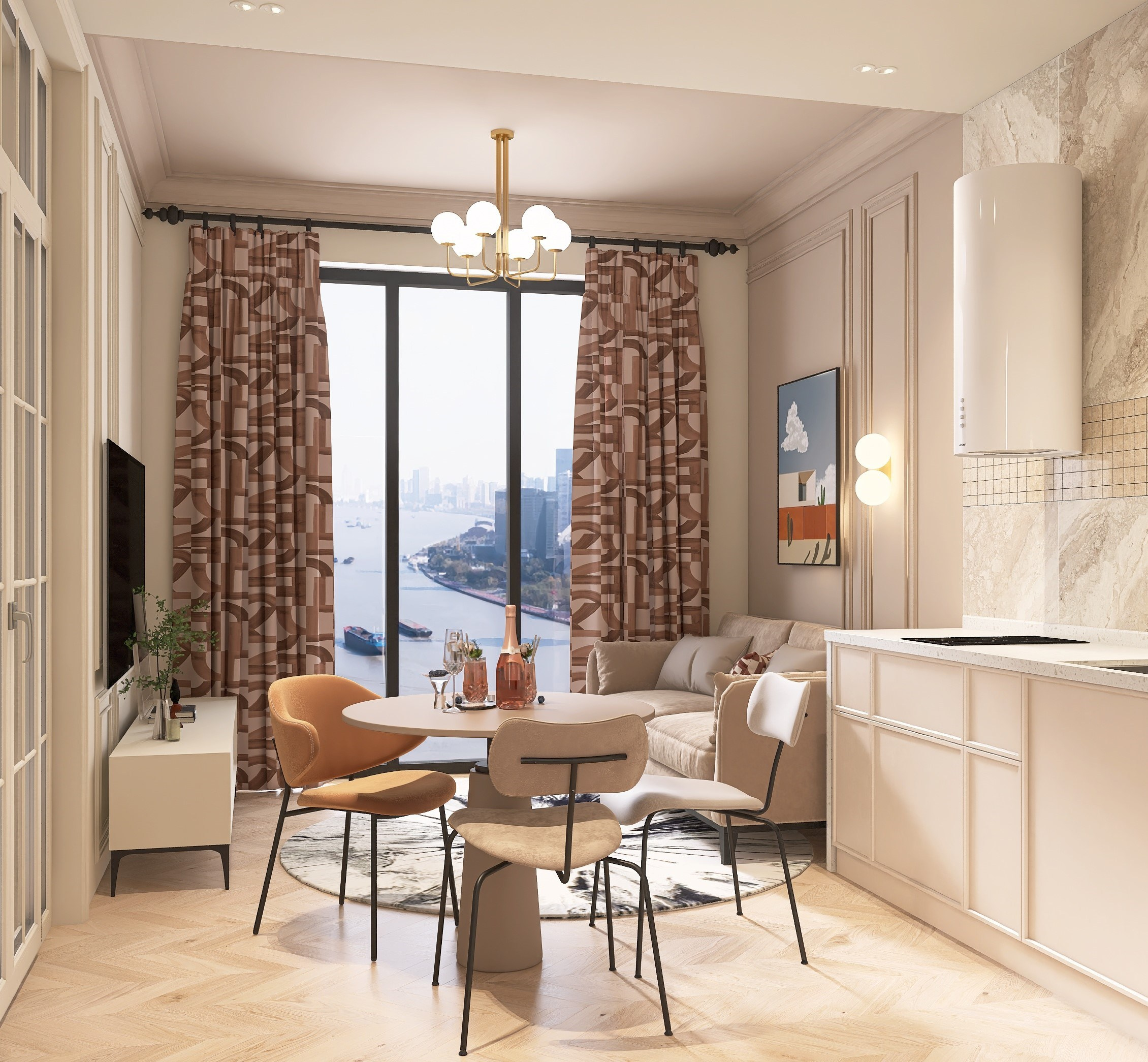 Интерьер кухни- гостиной, интерьер кухни, дизайн кухни, Квартира-студия в Новосибирске для проживания молодой женщины