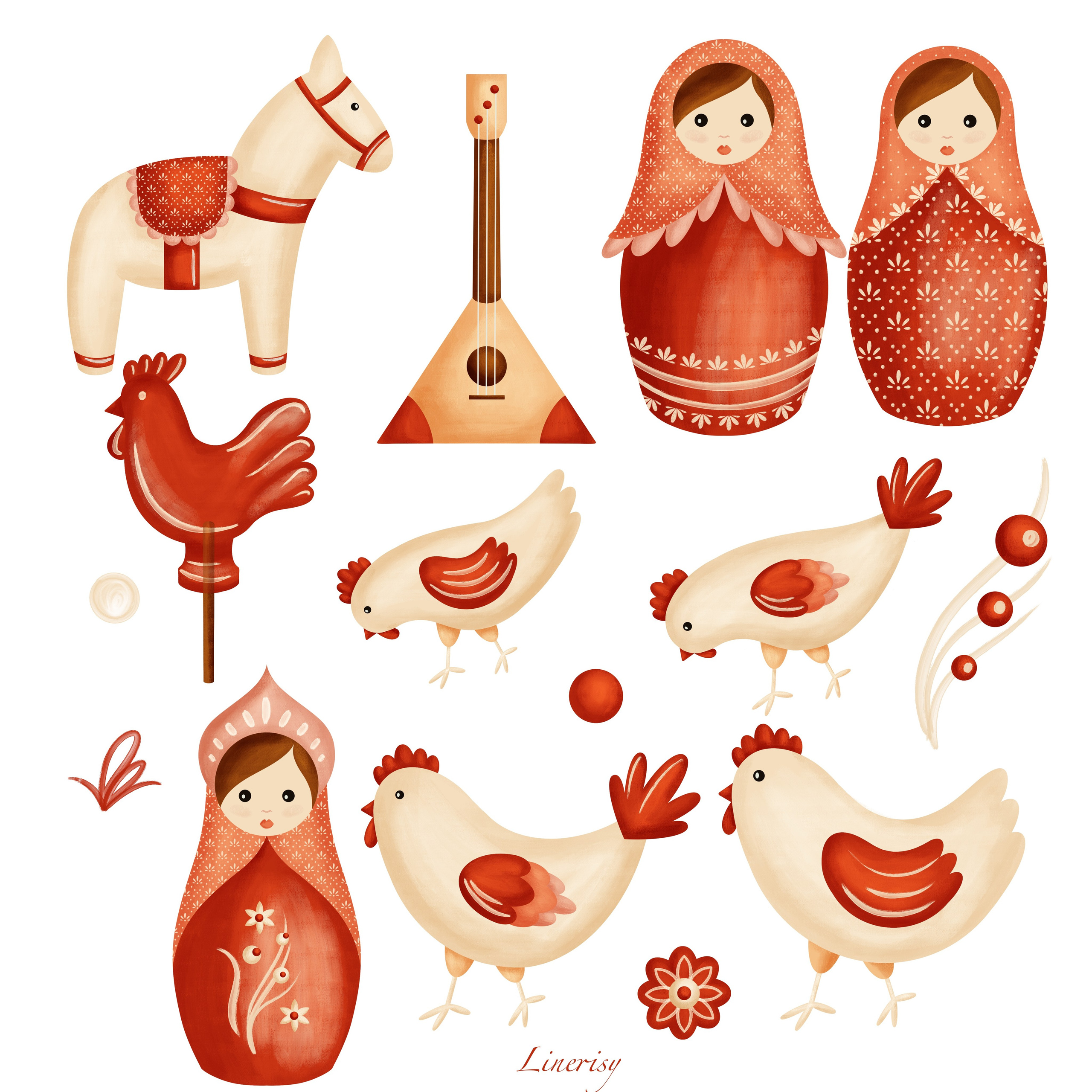 Коллекция «Матрёшки» — графические иллюстрации, композиции, бордюры, бесшовные паттерны и рамки. Художник-иллюстратор Евгения Бекренёва