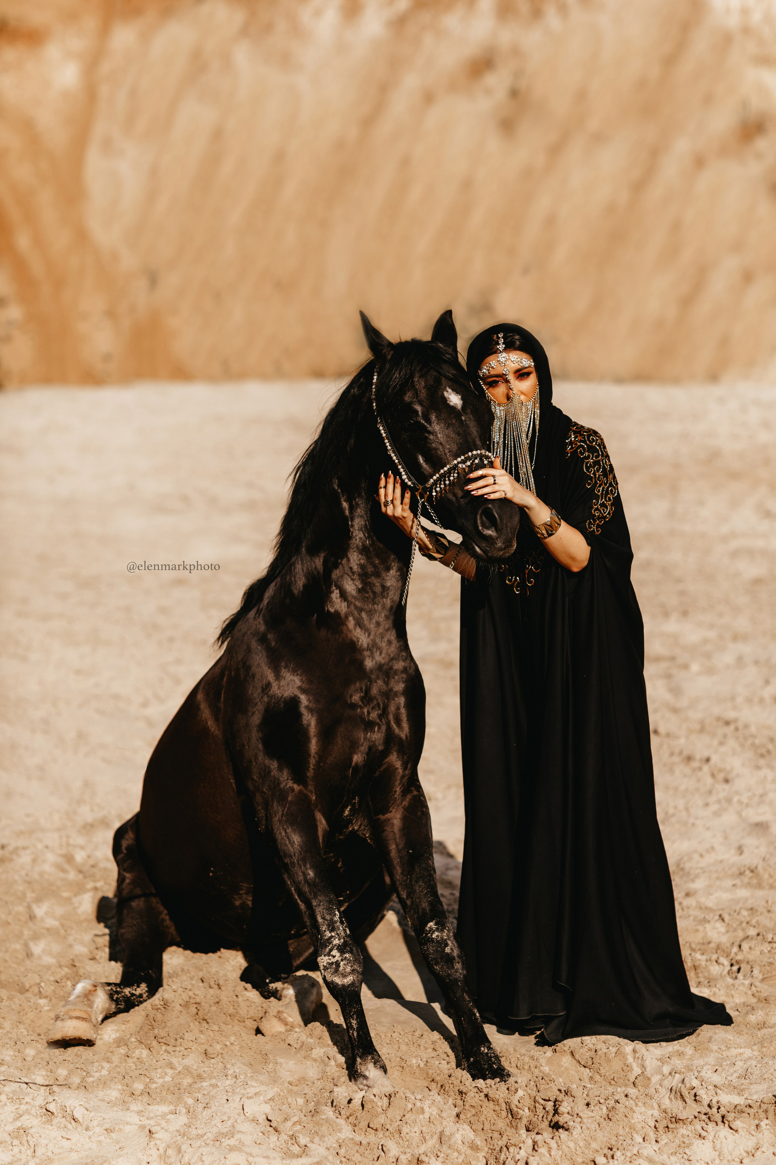 Серия эффектных фотографий с девушками в восточном стиле и лошадью, выполняющей трюки: 'свеча', 'сидит' и 'лежит' на песке. Каждое изображение передает уникальную красоту и грацию как животных, так и девушек, идеально подходит для клиентов в Москве и области, желающих запечатлеть незабываемые моменты."