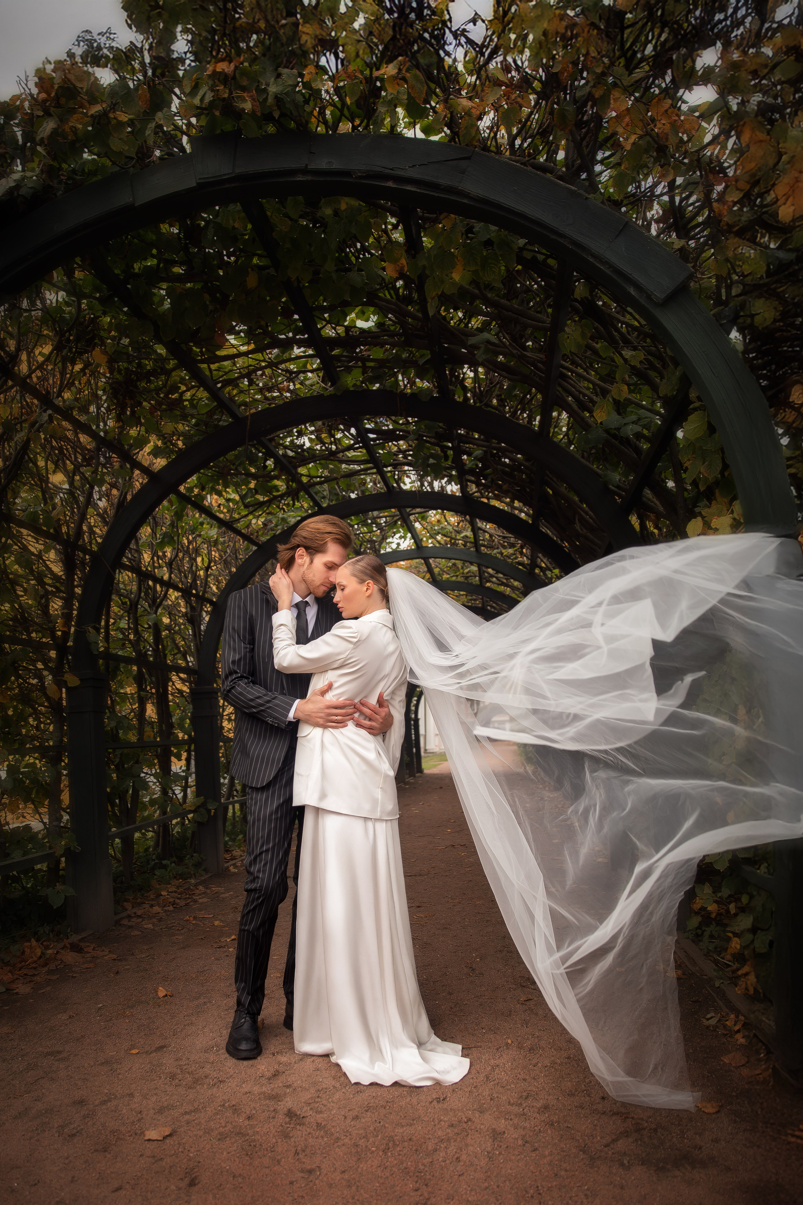 Жених и невеста обнимаются под арочной аллеей, фата невесты развевается на ветру, парк Кусково.