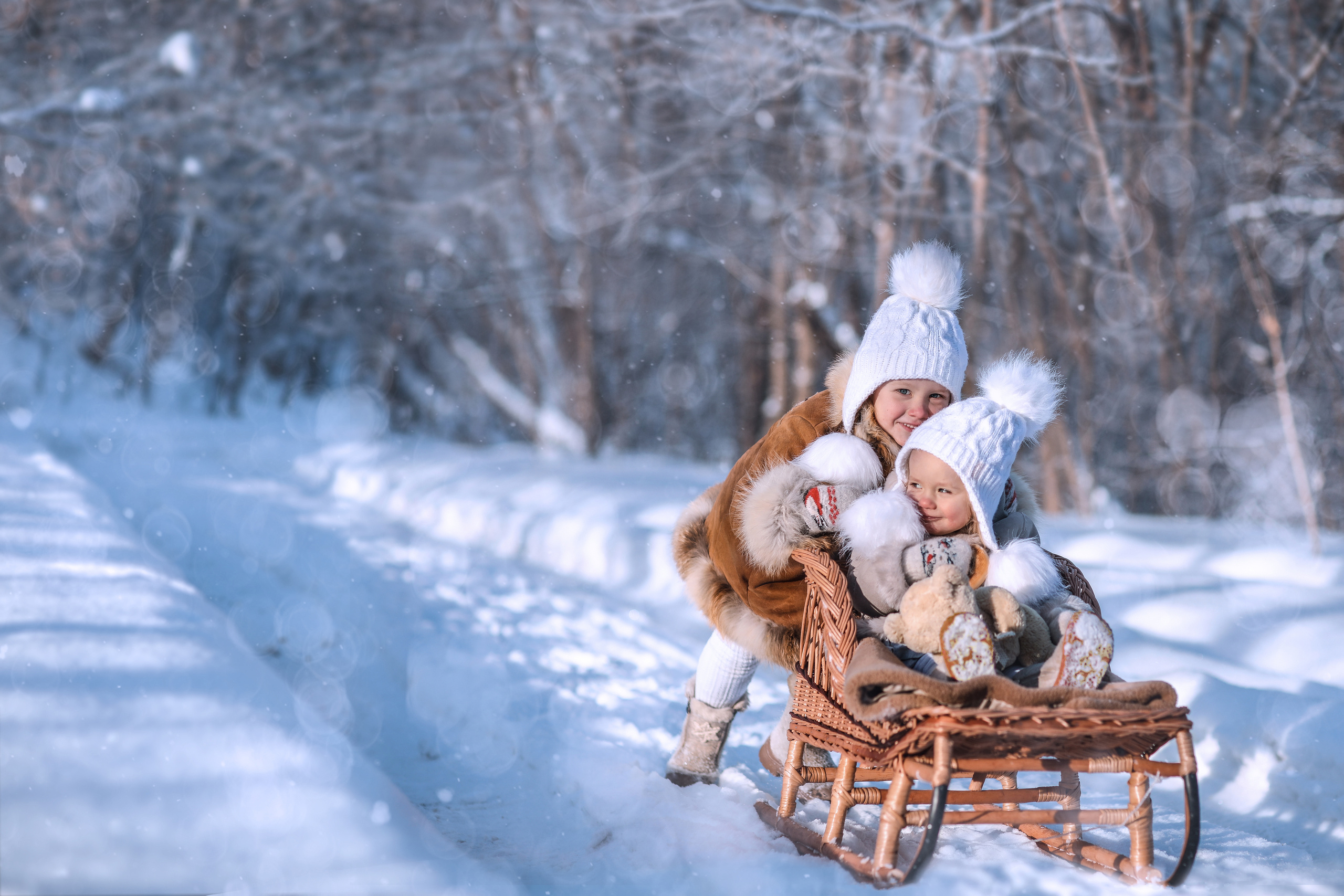 зимнее утро, на санях, дети на санях