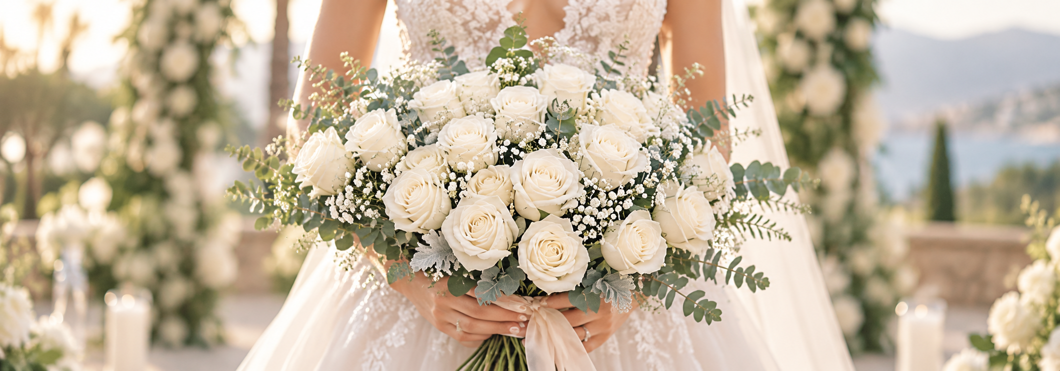 Bride holding an elegant wedding bouquet of ivory roses, baby's breath, and delicate greenery.