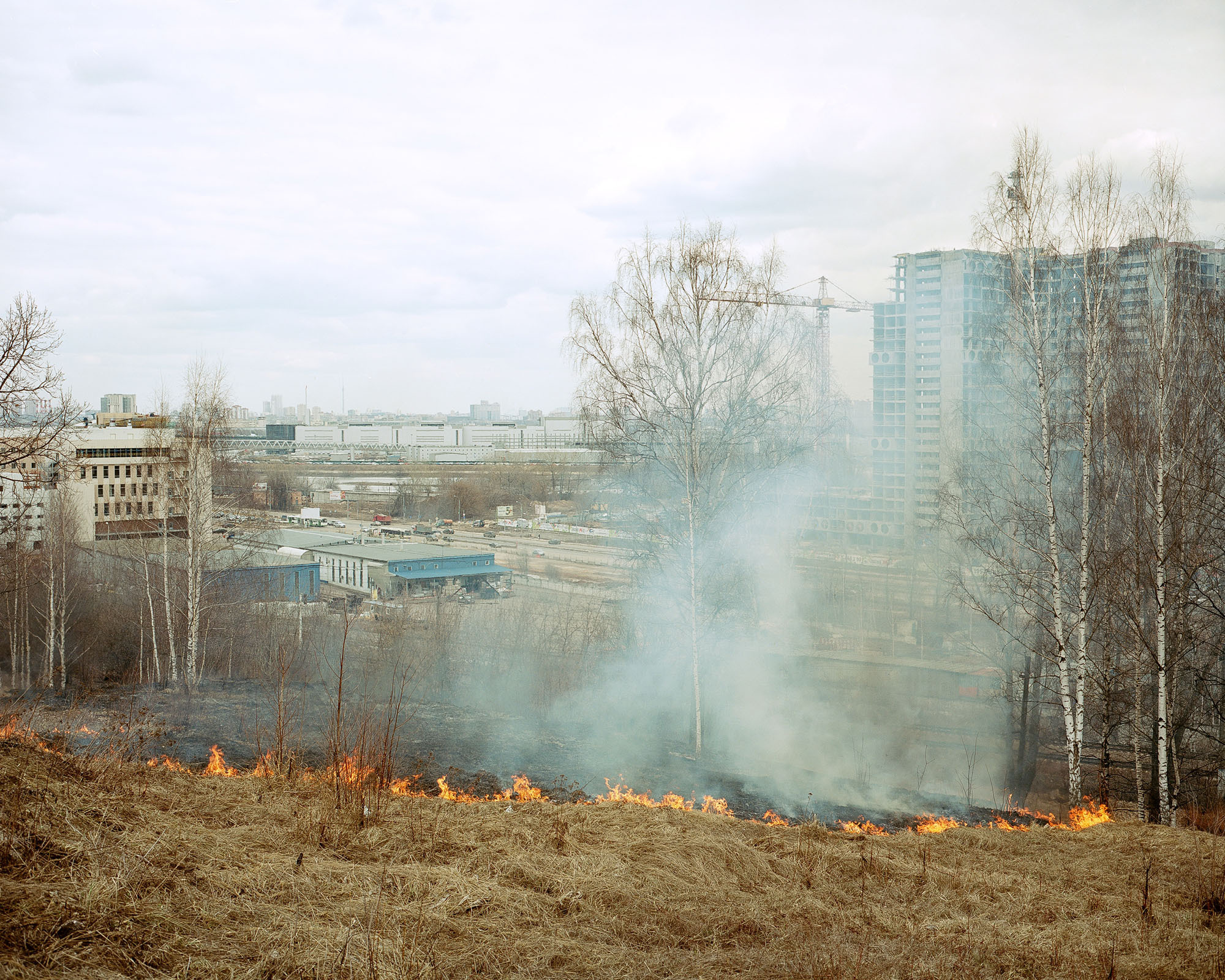 PLATE 30: Trees (w/o foliage), dry grass (also burning ), smoke, patches of burnt grass, strip of dry grass, office and residential buildings (also includes construction crane, cars, highway strip)