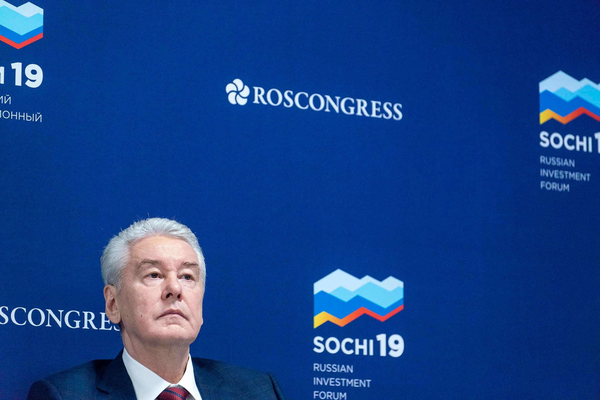 Мэр Москвы Сергей Собянин на международном инвестиционном форуме в Сочи в 2019 году. Съемка компании Росконгресс.