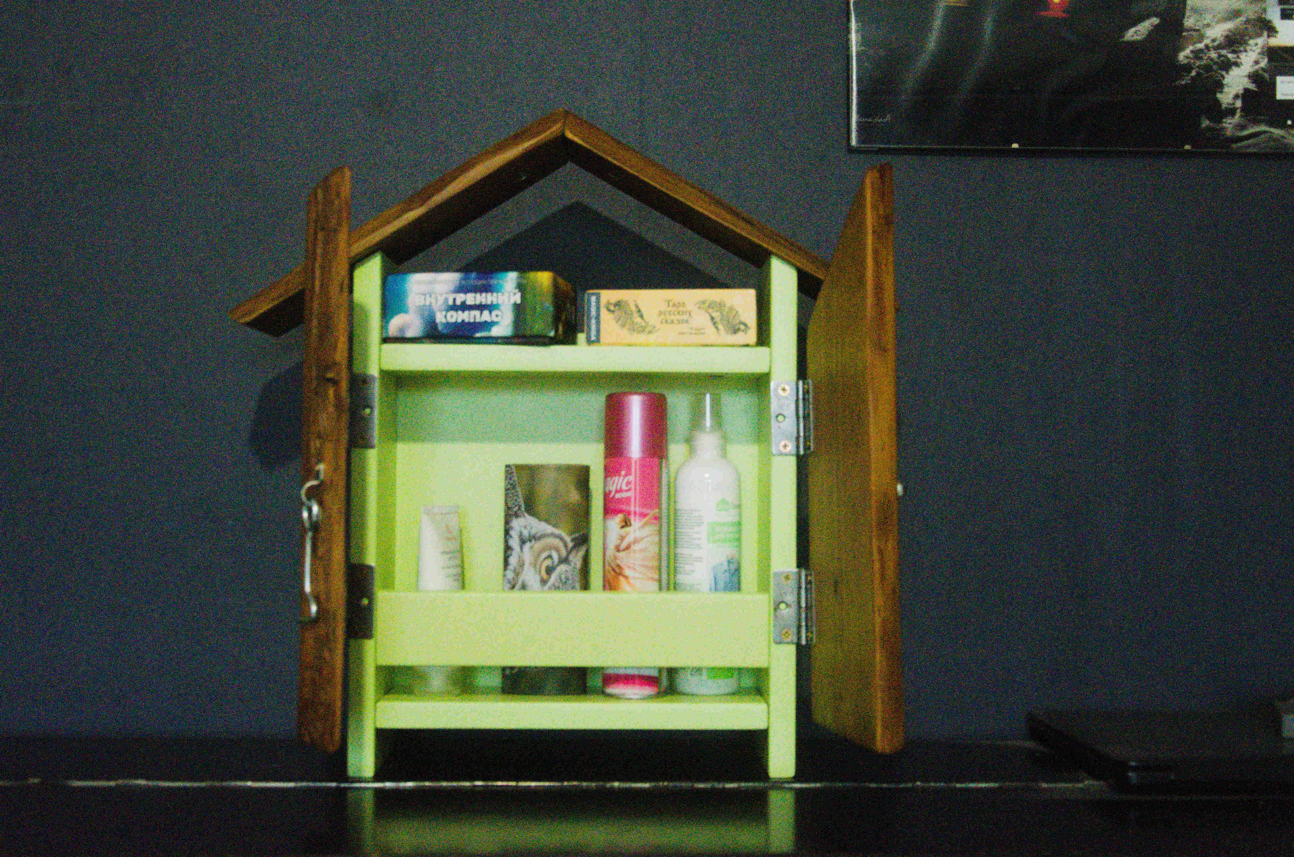 Зелёный настольный шкафчик с крышей и дверцами из необработанной доски