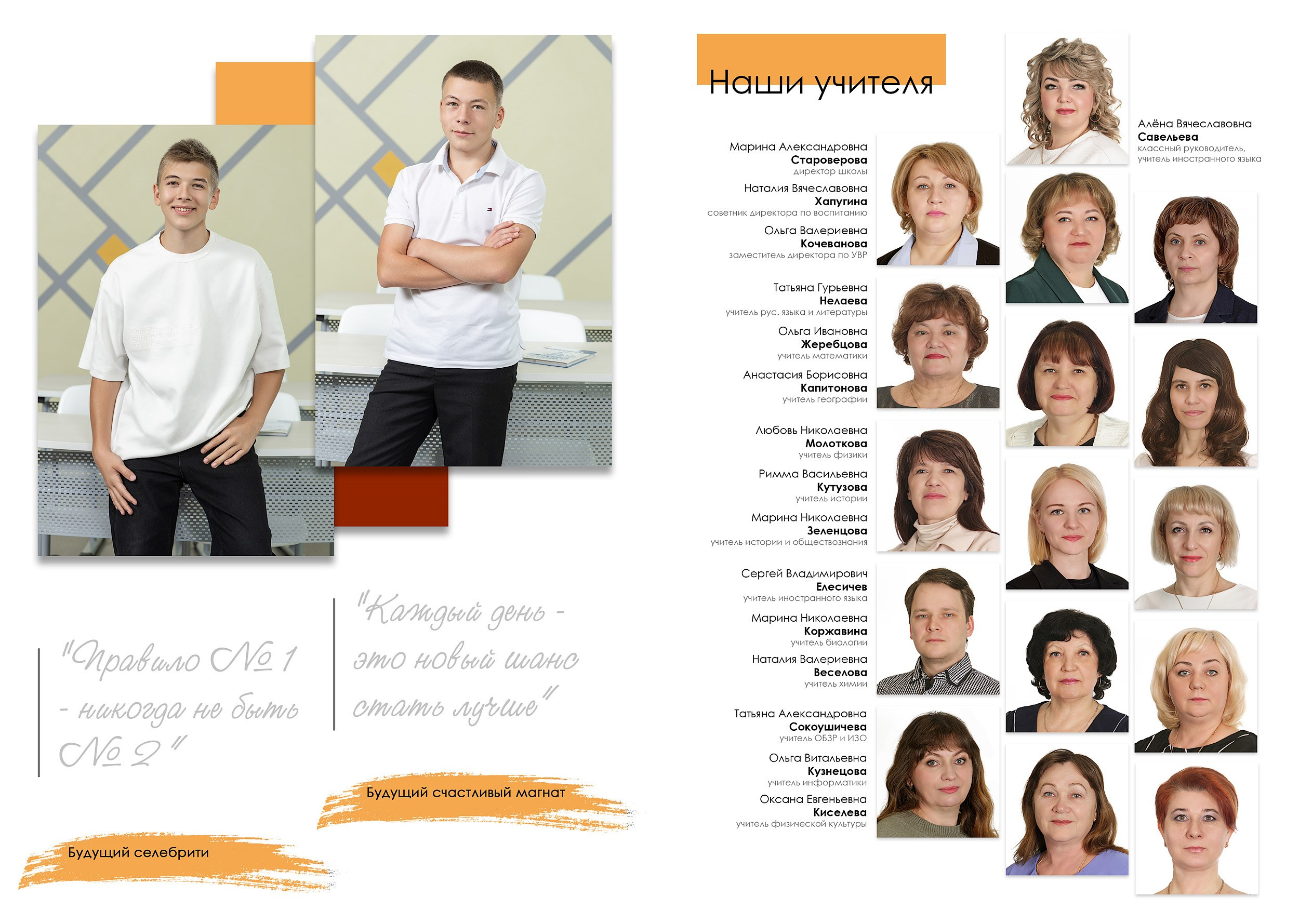 Персональный разворот выпускной фотокниги в 9 классе с цитатой и фото педагогов