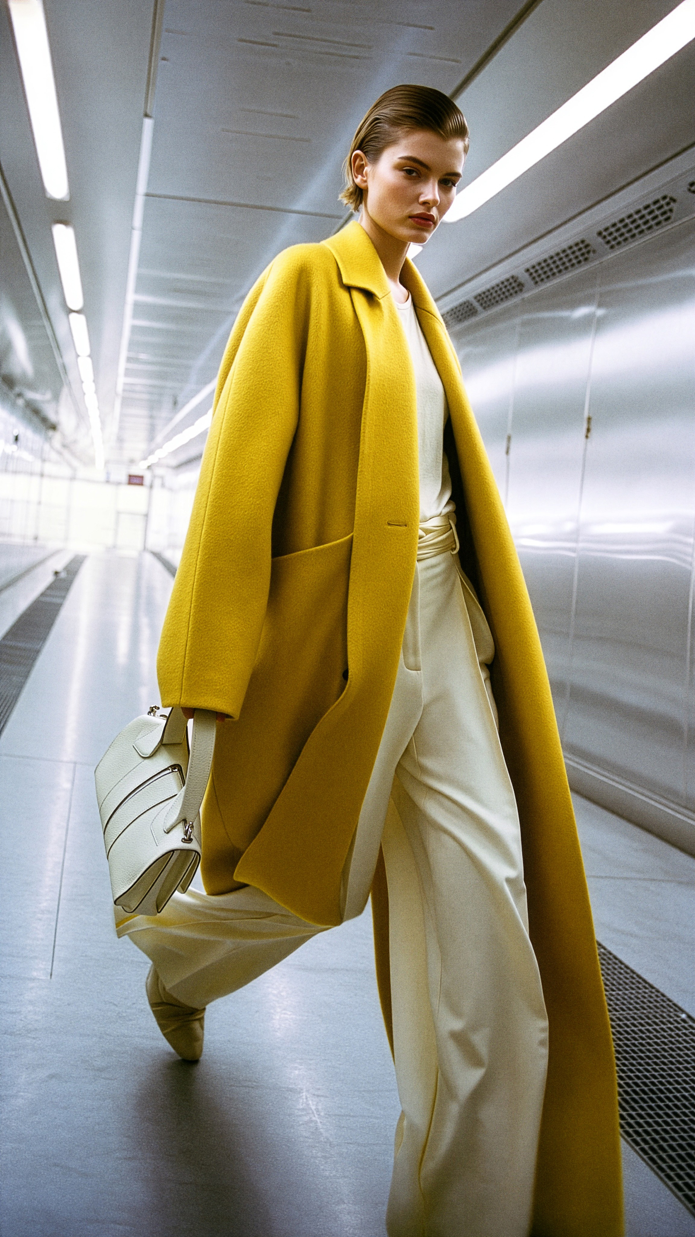 Красивая девушка модель в желтом пальто