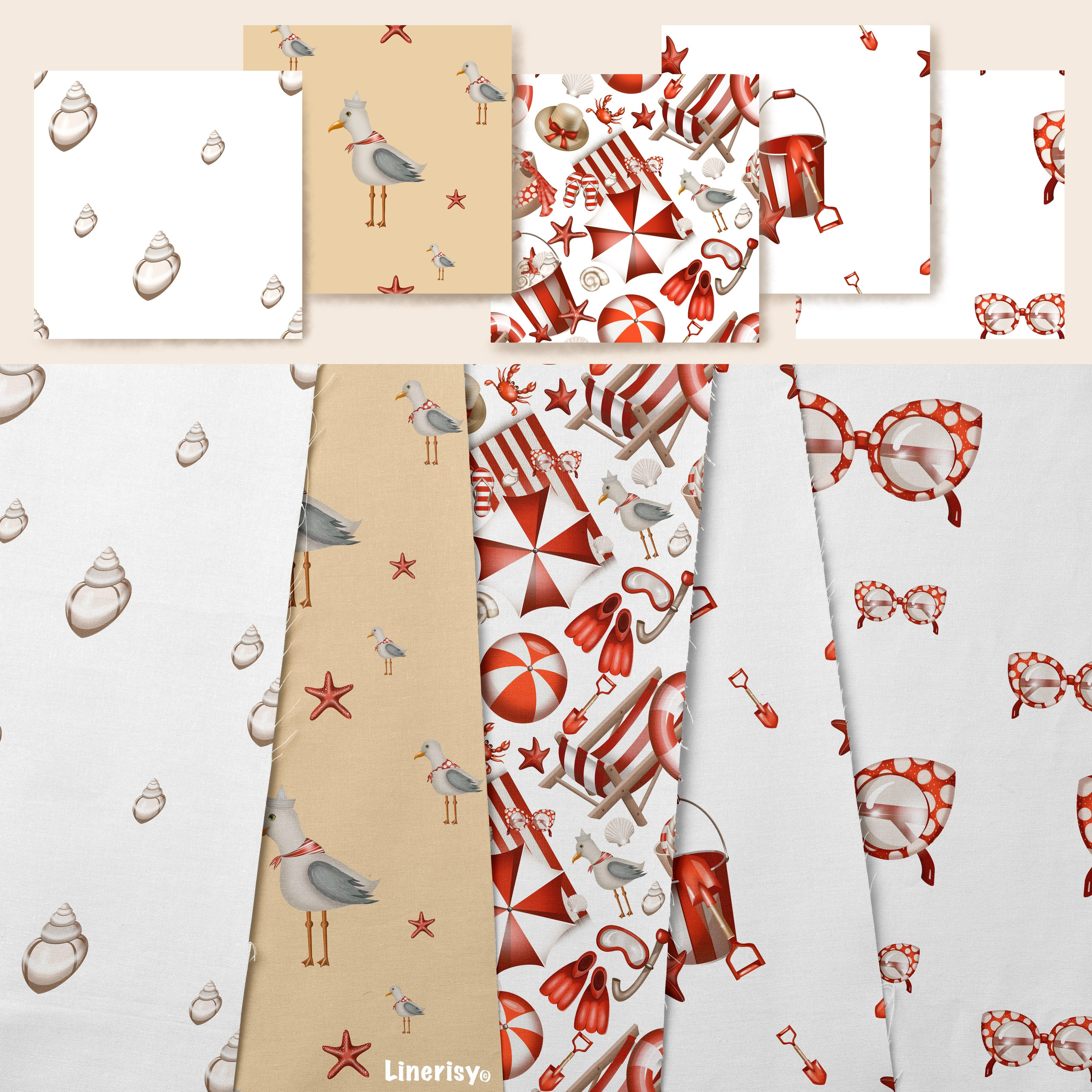 Коллекция «Лето, море, пляж» — графические иллюстрации, композиции и бесшовные паттерны. Художник-иллюстратор Евгения Бекренёва