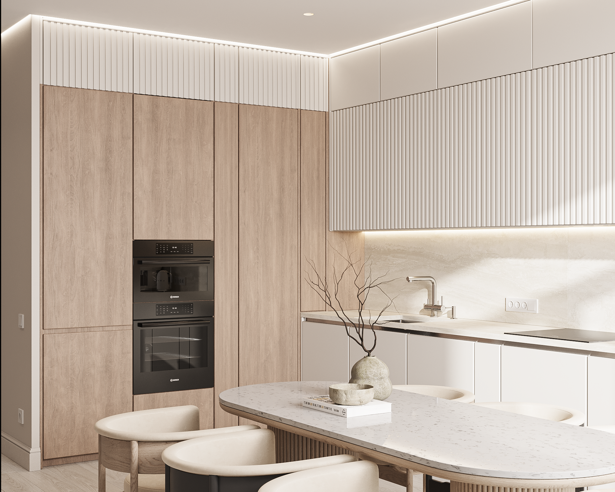 Светлая кухня-столовая с уютной обеденной зоной и лаконичным фасадом — интерьерный проект Ксении Новиковой ksudsgn в ЖК «Неоклассика», Санкт-Петербург