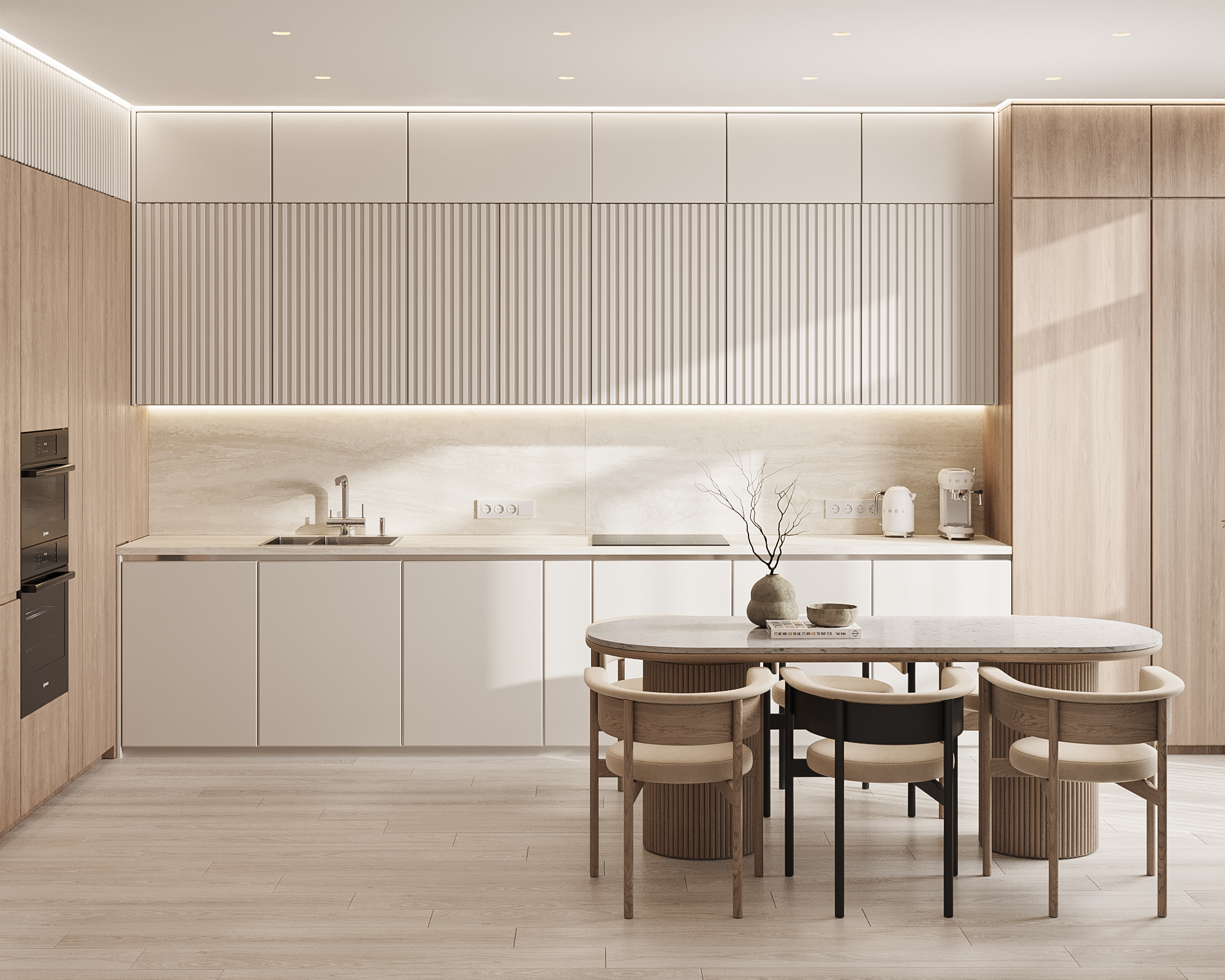 Светлая кухня-столовая с уютной обеденной зоной и лаконичным фасадом — интерьерный проект Ксении Новиковой ksudsgn в ЖК «Неоклассика», Санкт-Петербург