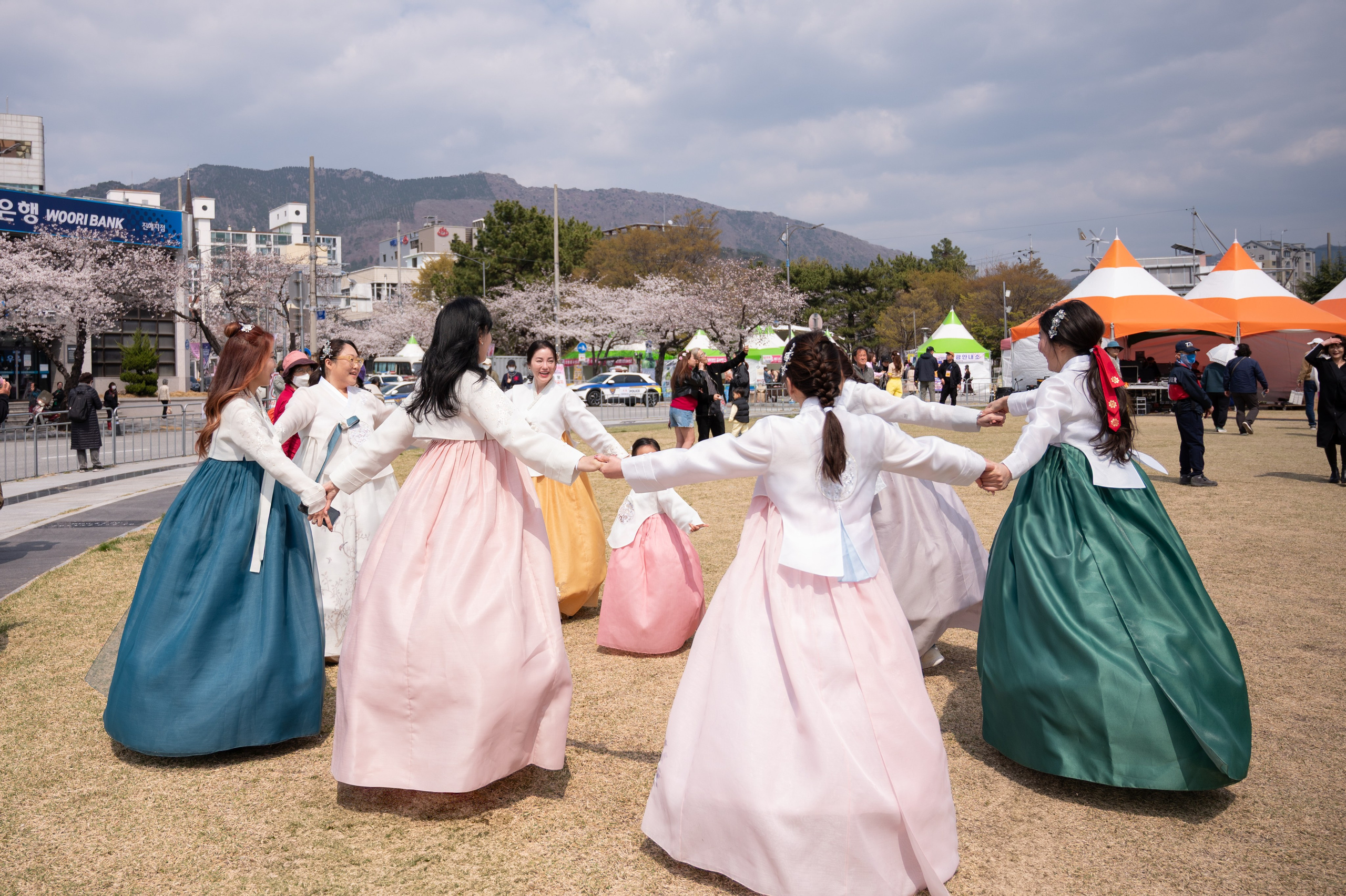Female hanbok portrait at cherry blossom park Busan