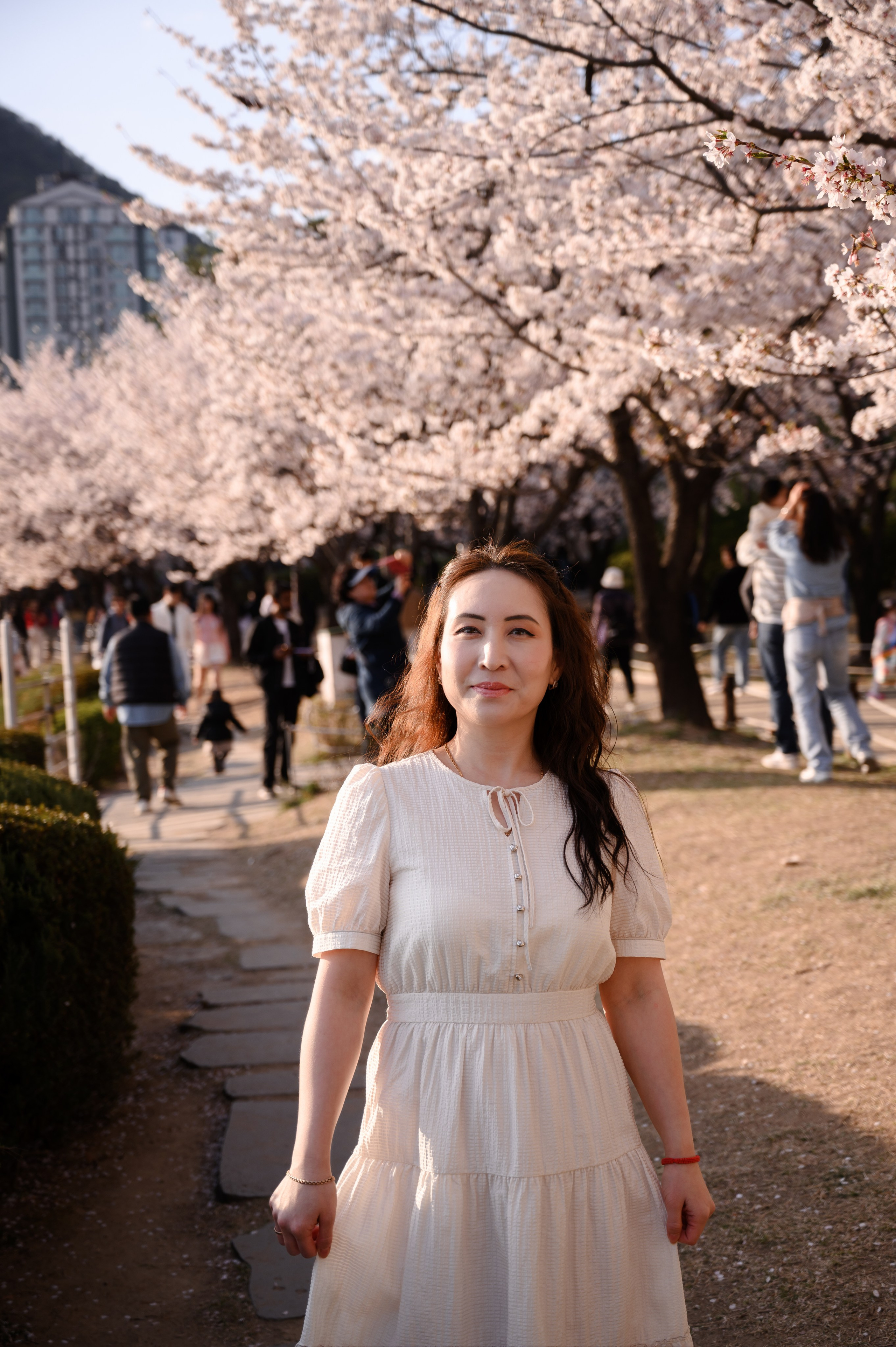 Woman portrait under cherry blossoms at Samnak Ecological Park Busan
