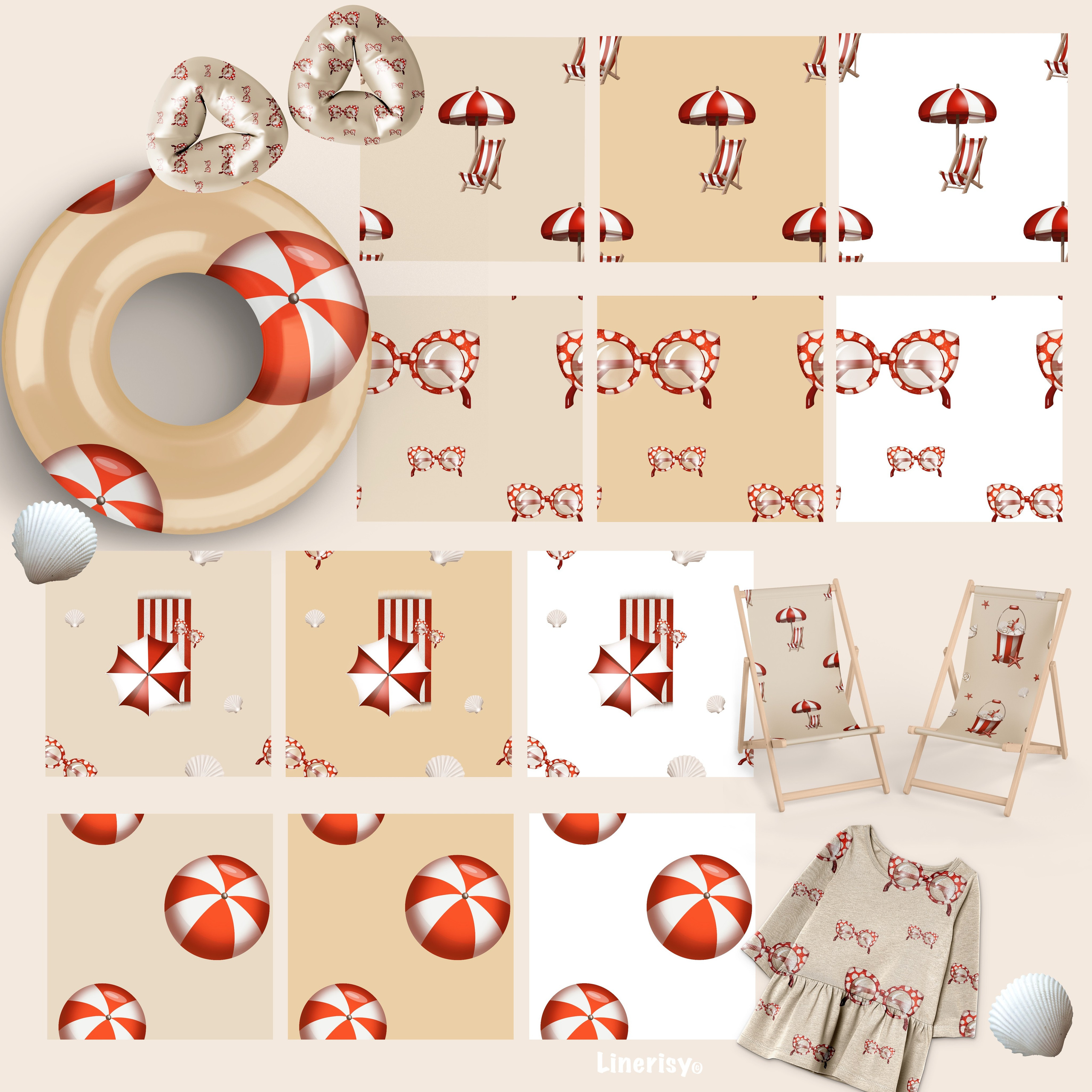 Коллекция «Лето, море, пляж» — графические иллюстрации, композиции и бесшовные паттерны. Художник-иллюстратор Евгения Бекренёва