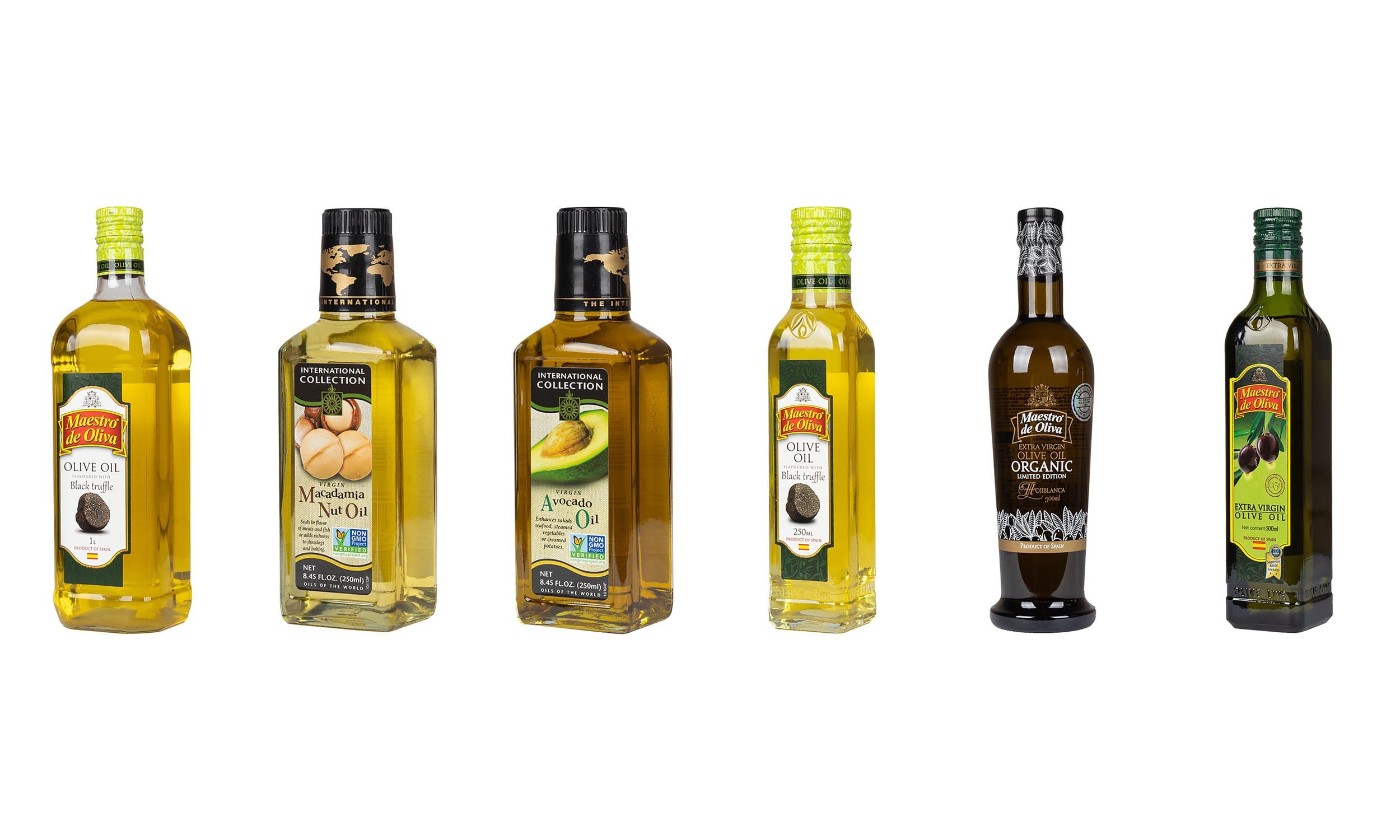Бутылки с разным маслом оливковое. черный трюфель, авакадо