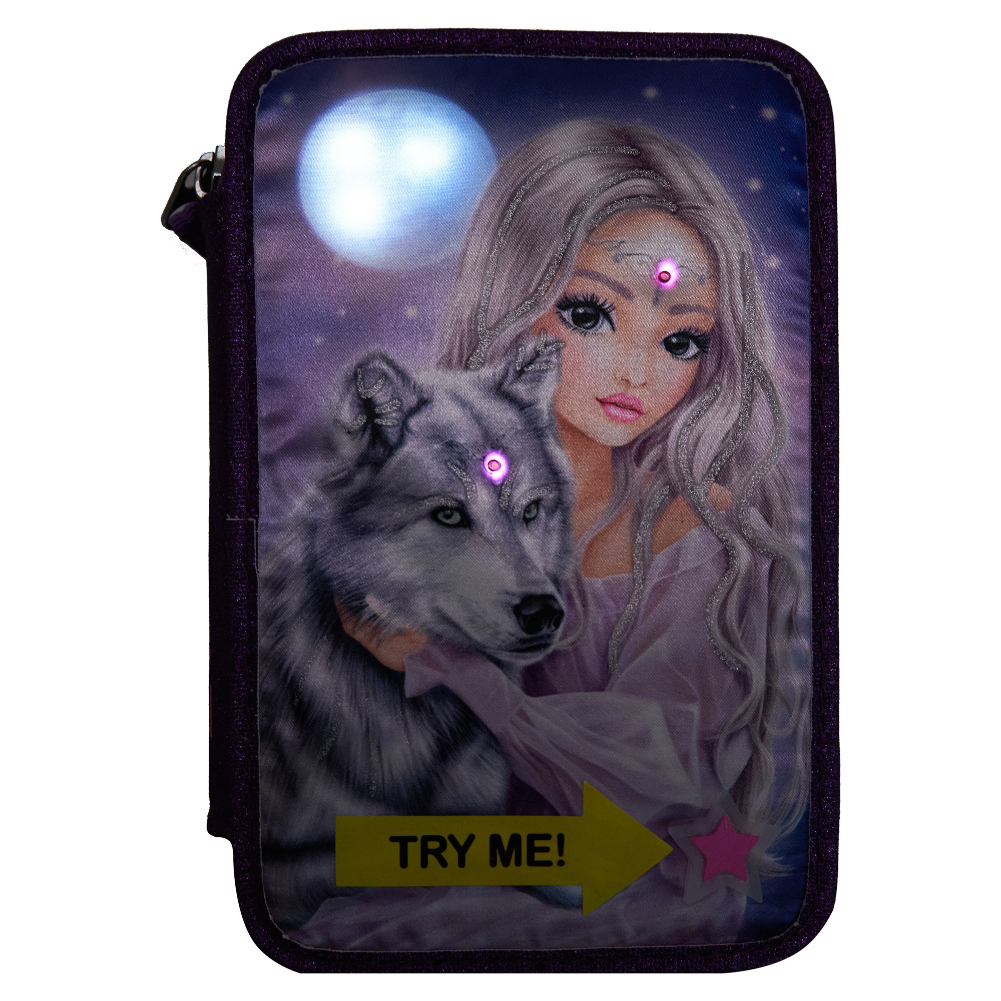 Пенал с подсветкой девушка и волк луна вид спереди