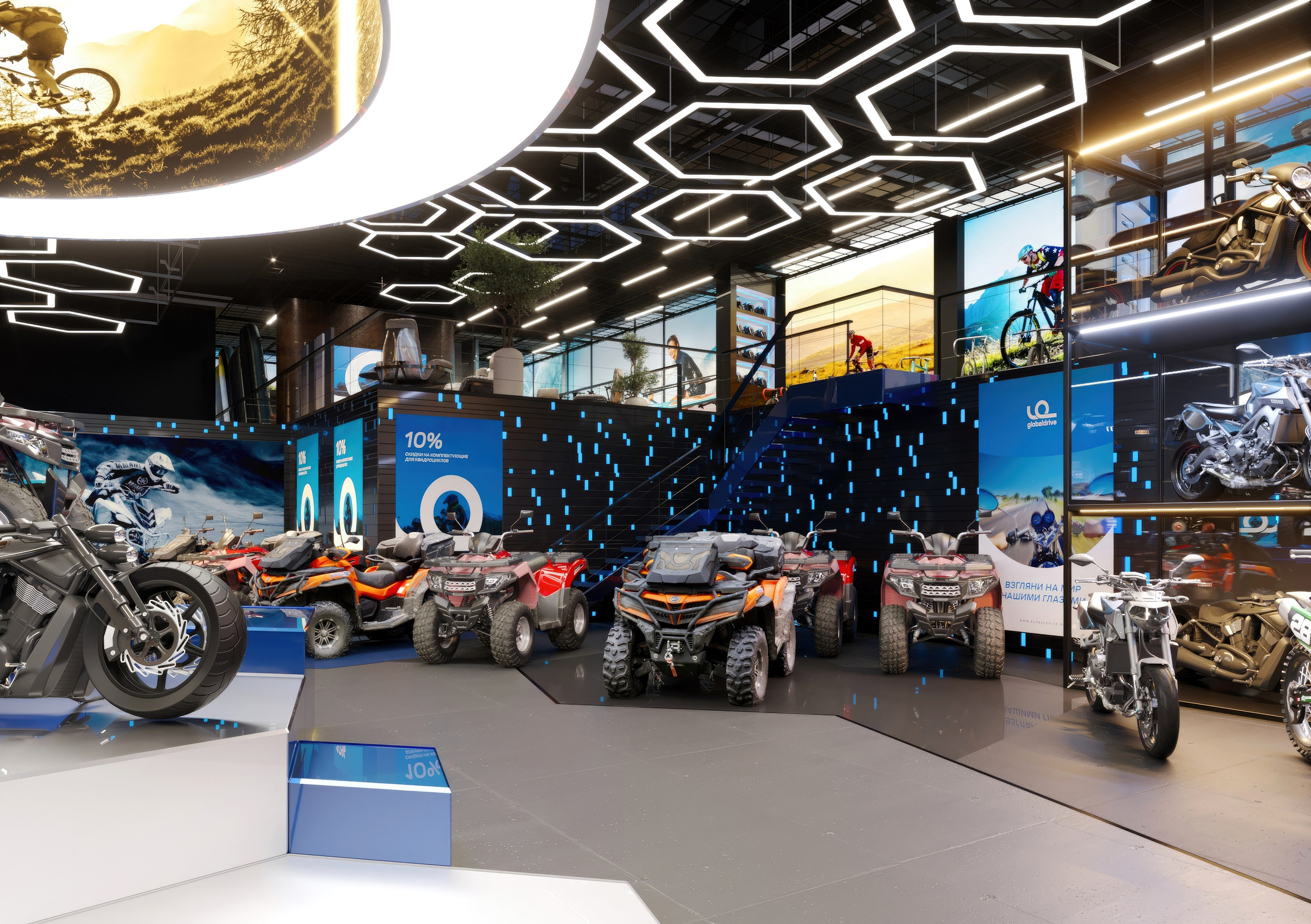 Motorbike Showroom Design Project — Bold and Modern Retail Space. 3D INTERIOR AND ARCHITECTURE VISUALIZATION