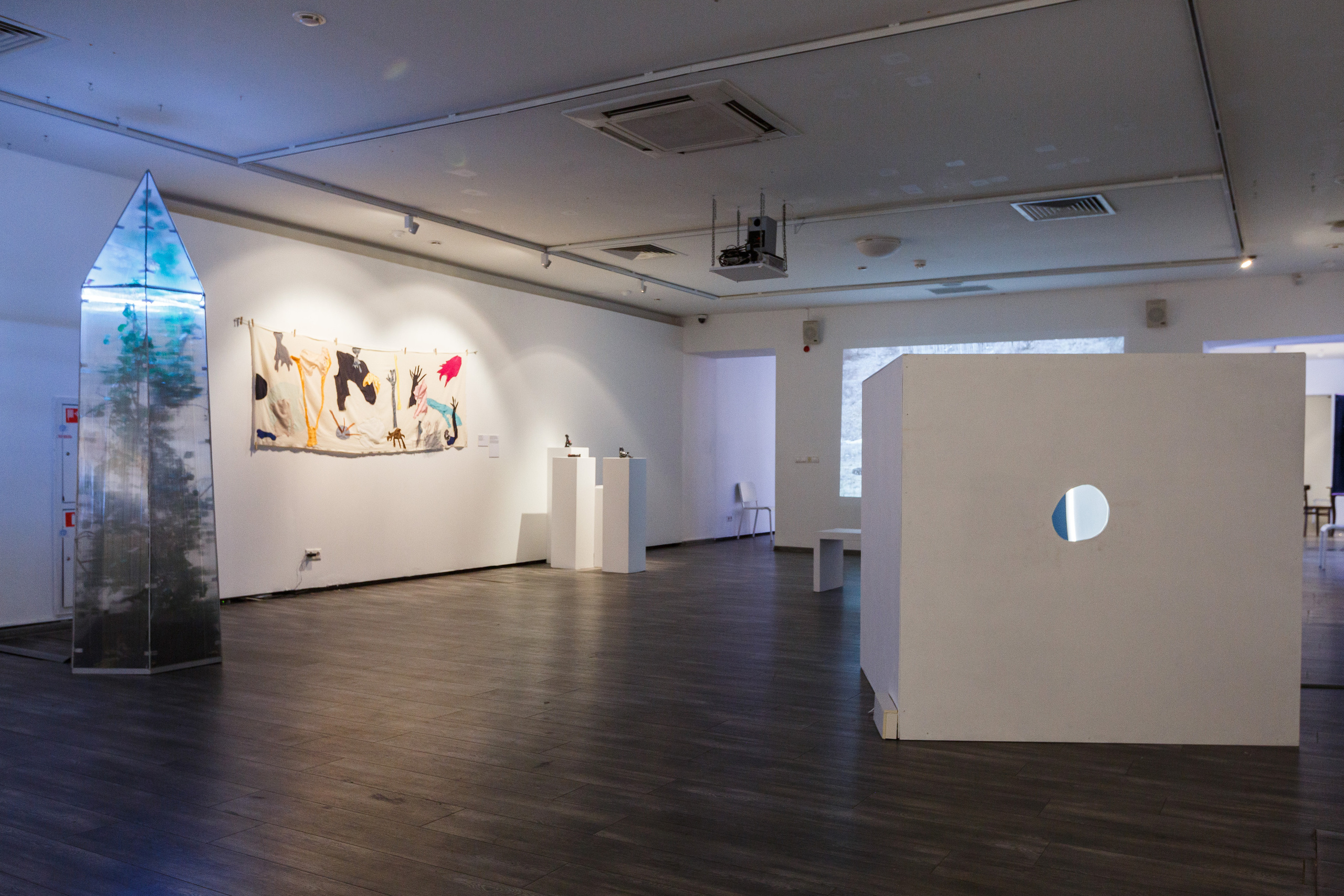 The white cube in the "white cube": an installation of visual artist Olga Mikhalchuk consist of wooden borders and a mirror inside it. It is a model of camera obscura in museum.