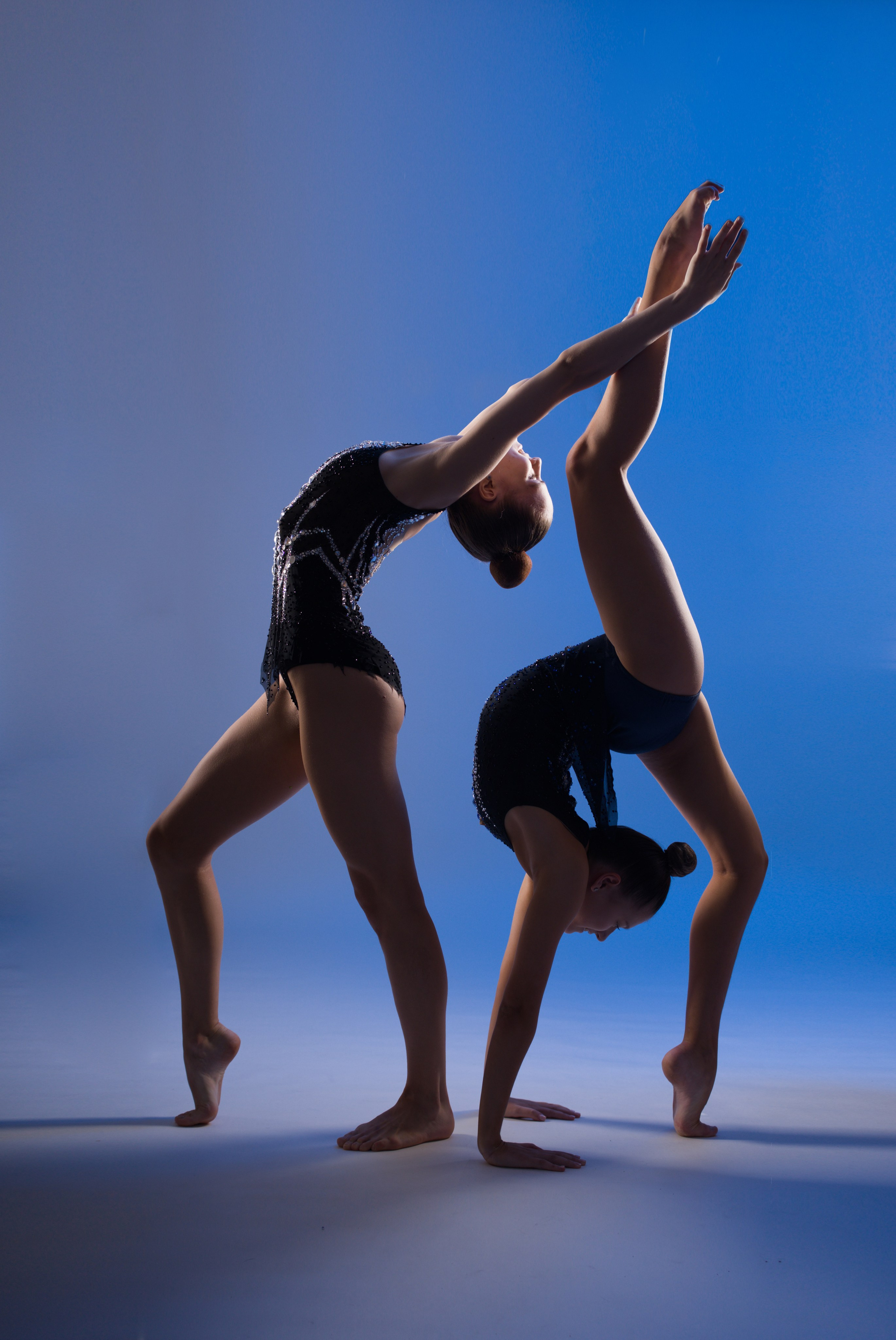 Две гимнастки в сложных акробатических позах на синем фоне, профессиональная съемка в жанре спортарт с контрастным светом