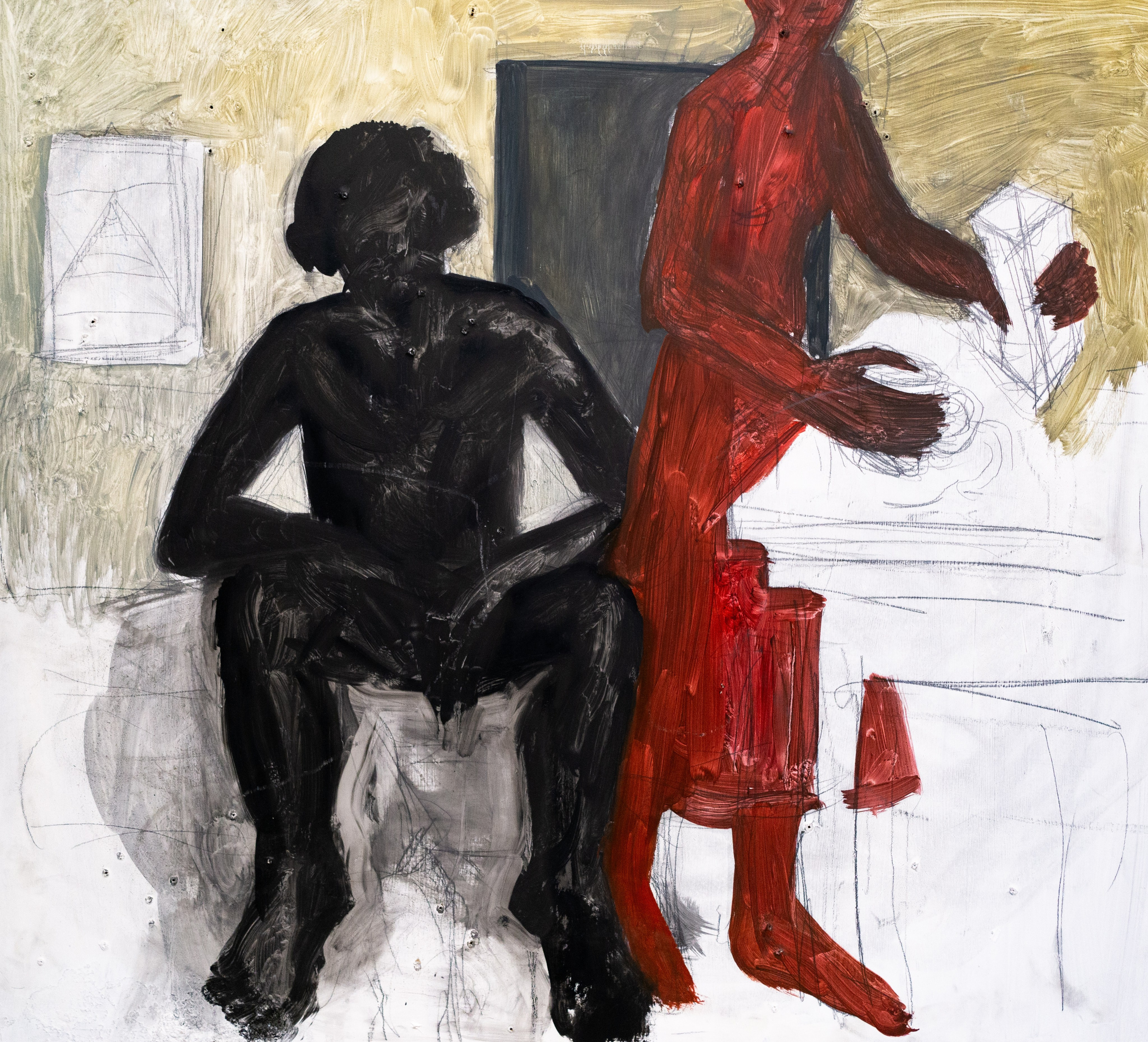 ADDICTION AND WAITING / Oil, sauce on wood, 90 x 75 cm, 2021 / Sasha is living in St.Petersburg. His girlfriend is pouring milk into a glass.