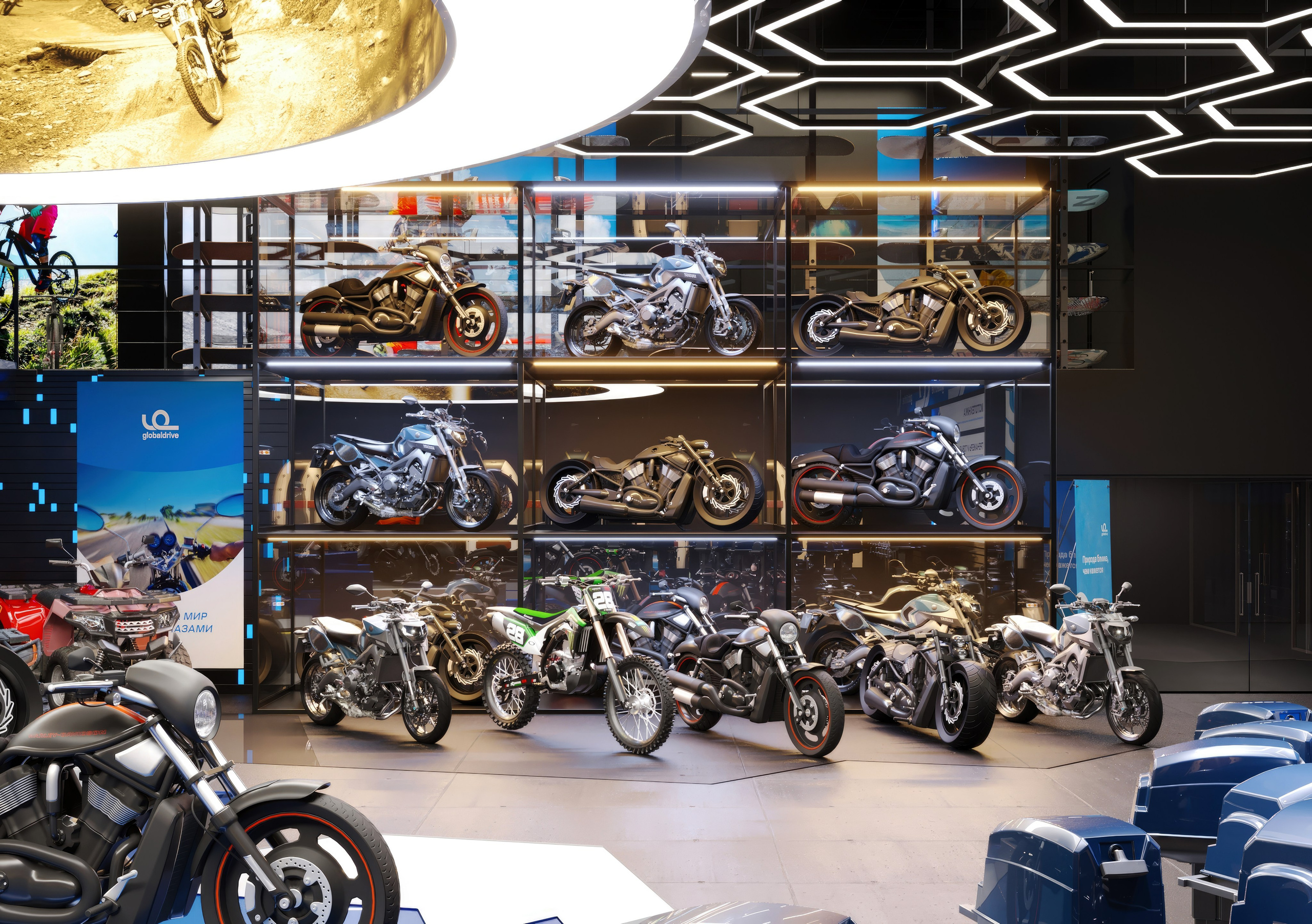 Motorbike Showroom Design Project — Bold and Modern Retail Space. 3D INTERIOR AND ARCHITECTURE VISUALIZATION