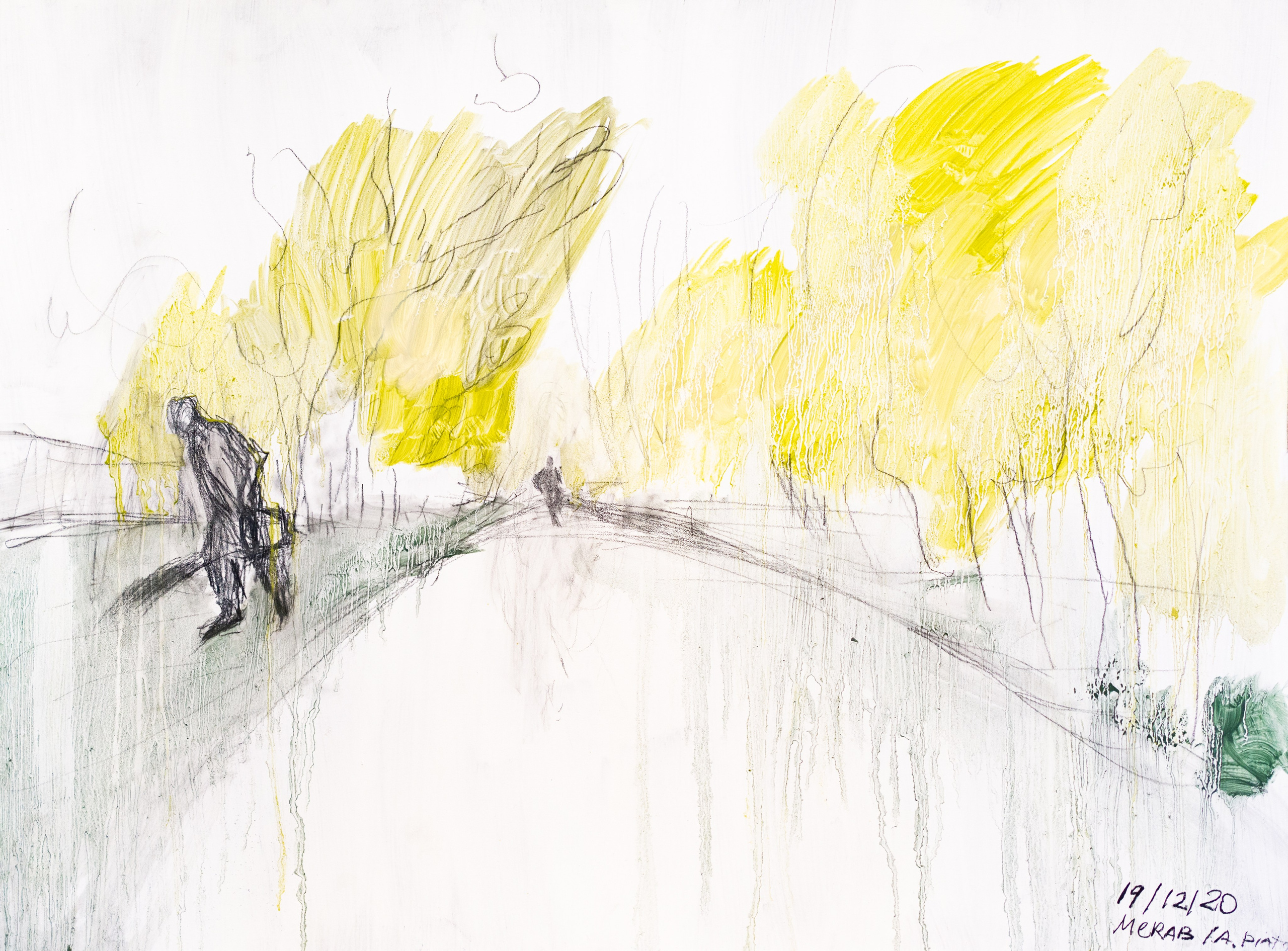 MERAB / Oil, sauce on plywood, 60 x 45 cm, 2020 / Alexander Piatygorsky threw garbage in the compost and showed me how much fun it is to run away.