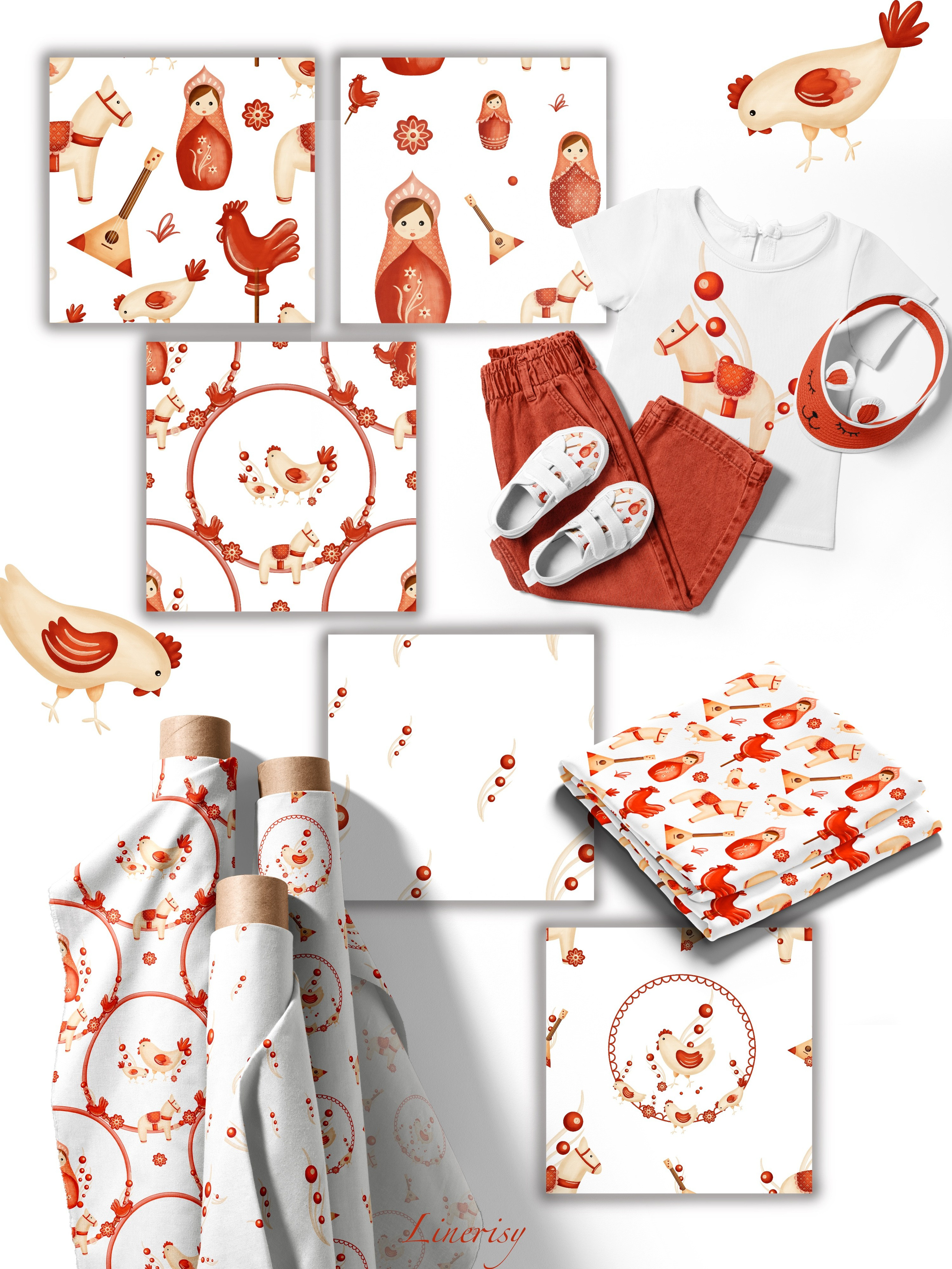 Коллекция «Матрёшки» — графические иллюстрации, композиции, бордюры, бесшовные паттерны и рамки. Художник-иллюстратор Евгения Бекренёва