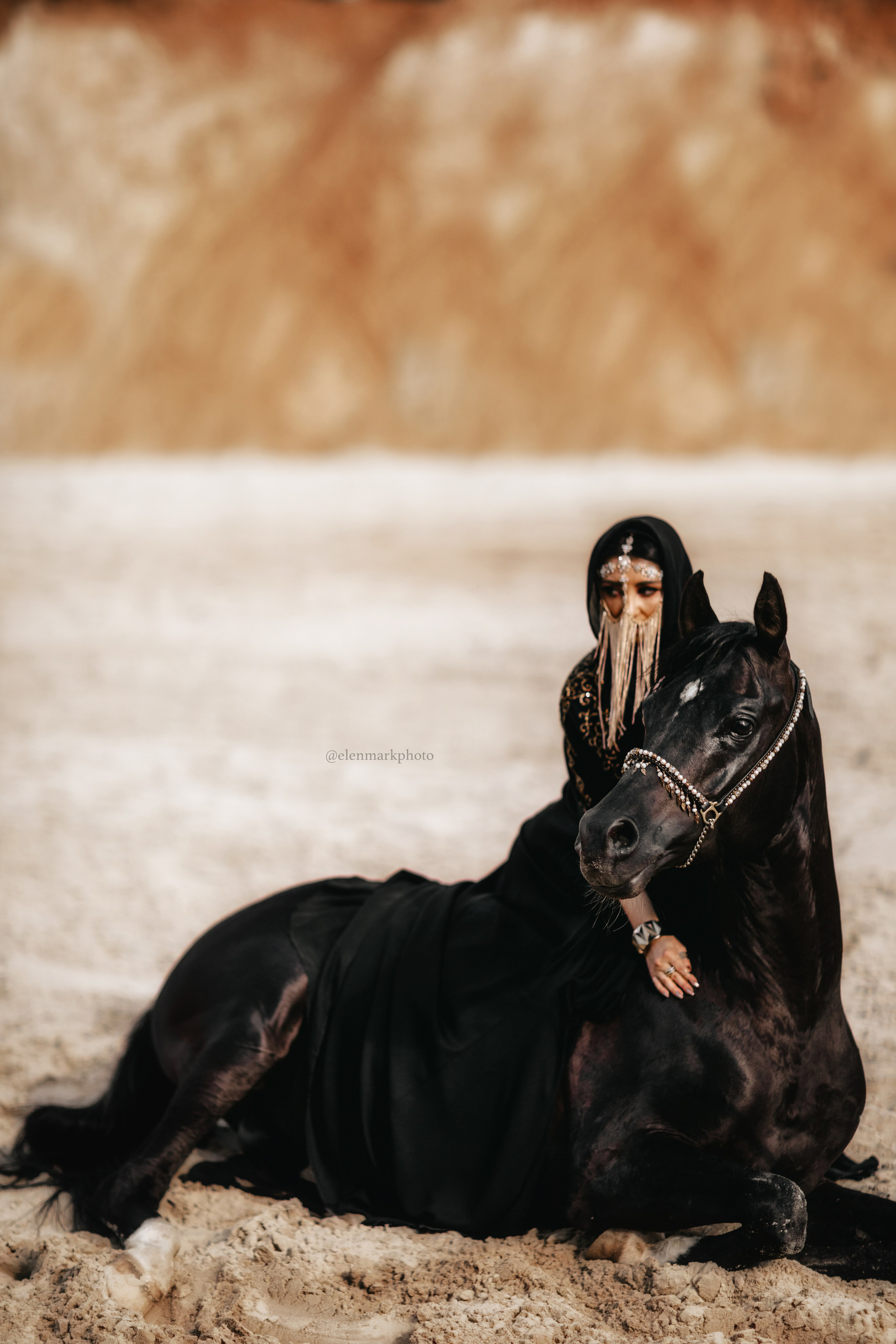 "Девушка в ярком восточном платье нежно сидит рядом с лежащей лошадью на мягкой траве. Спокойное выражение лица и расслабленная поза животного создают атмосферу умиротворения. Эта фотография идеально подходит для клиентов в Москве и области, желающих запечатлеть уникальные моменты с животными."