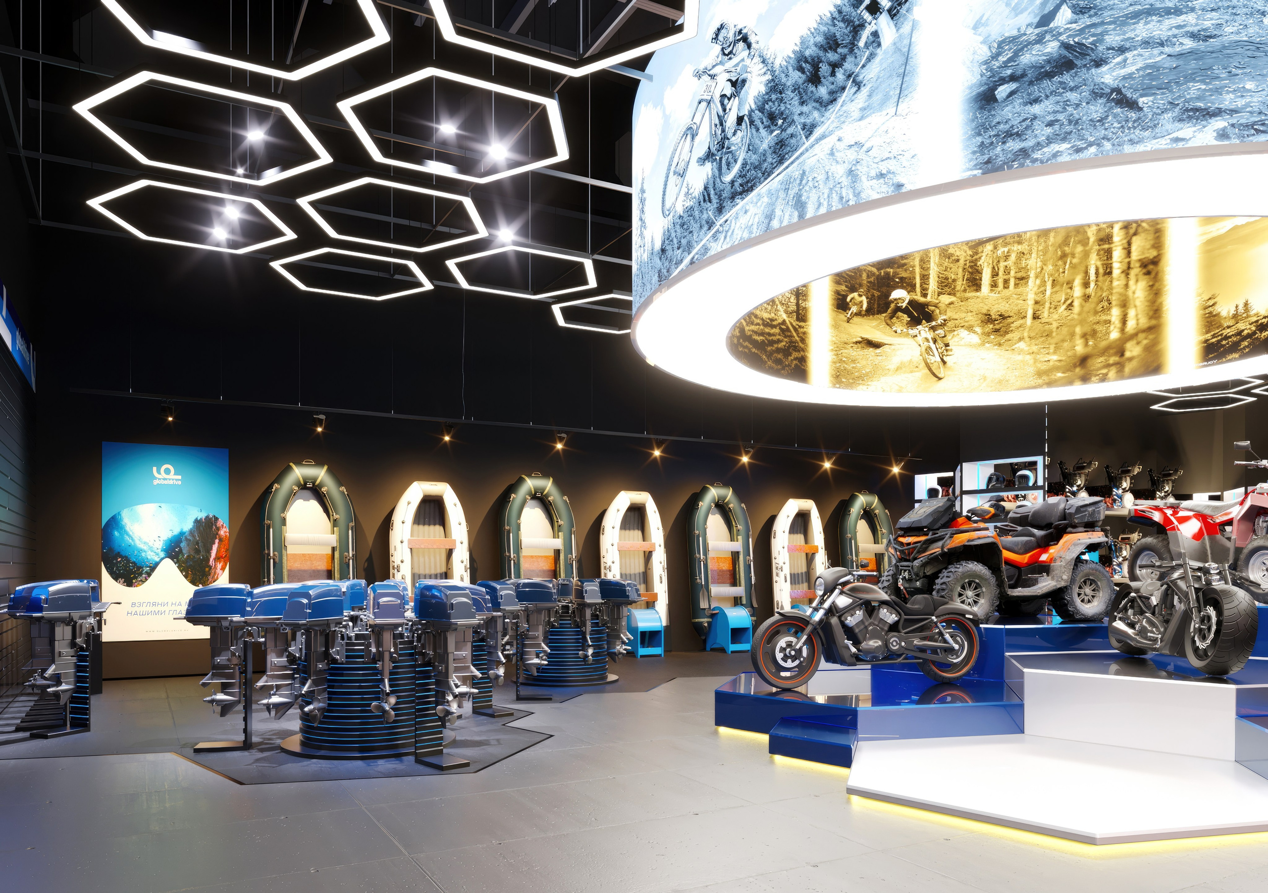Motorbike Showroom Design Project — Bold and Modern Retail Space. 3D INTERIOR AND ARCHITECTURE VISUALIZATION
