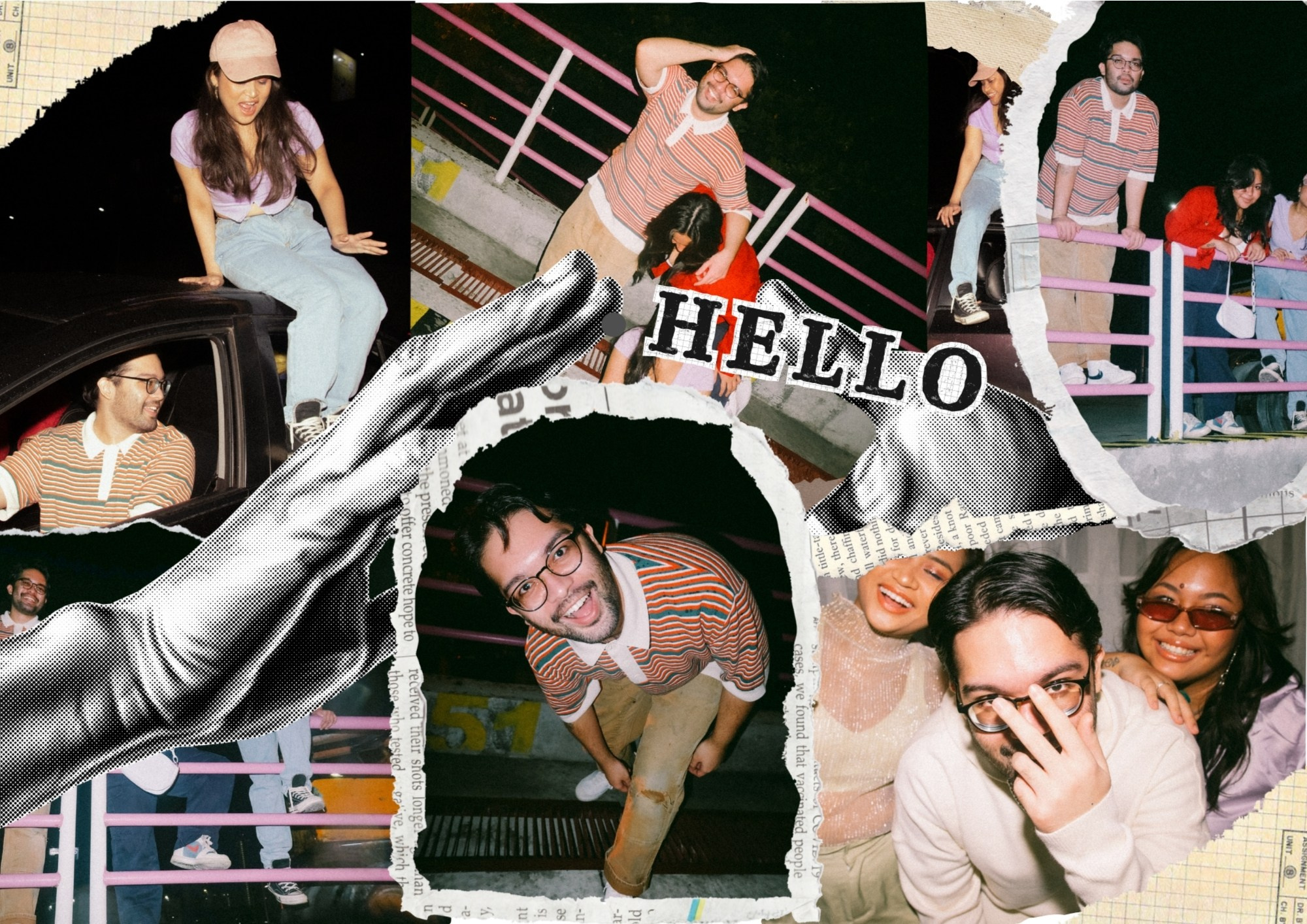 Фотоколлаж в стиле скрапбукинга с ночной молодёжной тусовкой, рваными бумажными текстурами, надписью HELLO и серией уличных снимков друзей