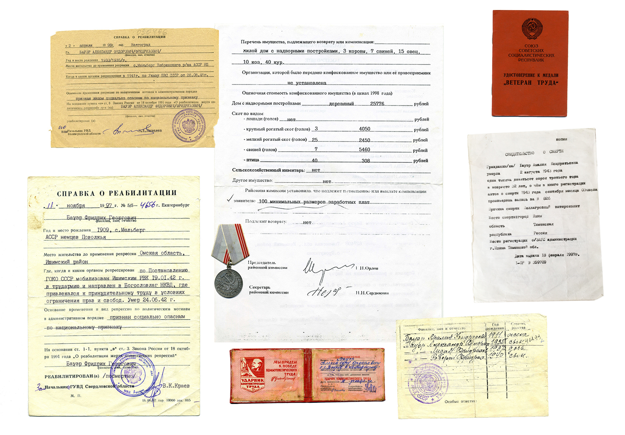Documents: medal “Veteran of Labor”,Certificate“Shock Worker of Communist Labor”,Reference of the rehabilitation of victims of repression.Grounds for the use of repression: “Declared socially dangerous by ethnicity”, medal “Veteran of Labor”, The list of property subject to return or compensation by court decision: residential building, 3 cows, 7 pigs, 15 sheep, 10 goats, 40 chickens. Death certificate of Bauer Amalia. Cause of death: Pellantrotic enterocolitis