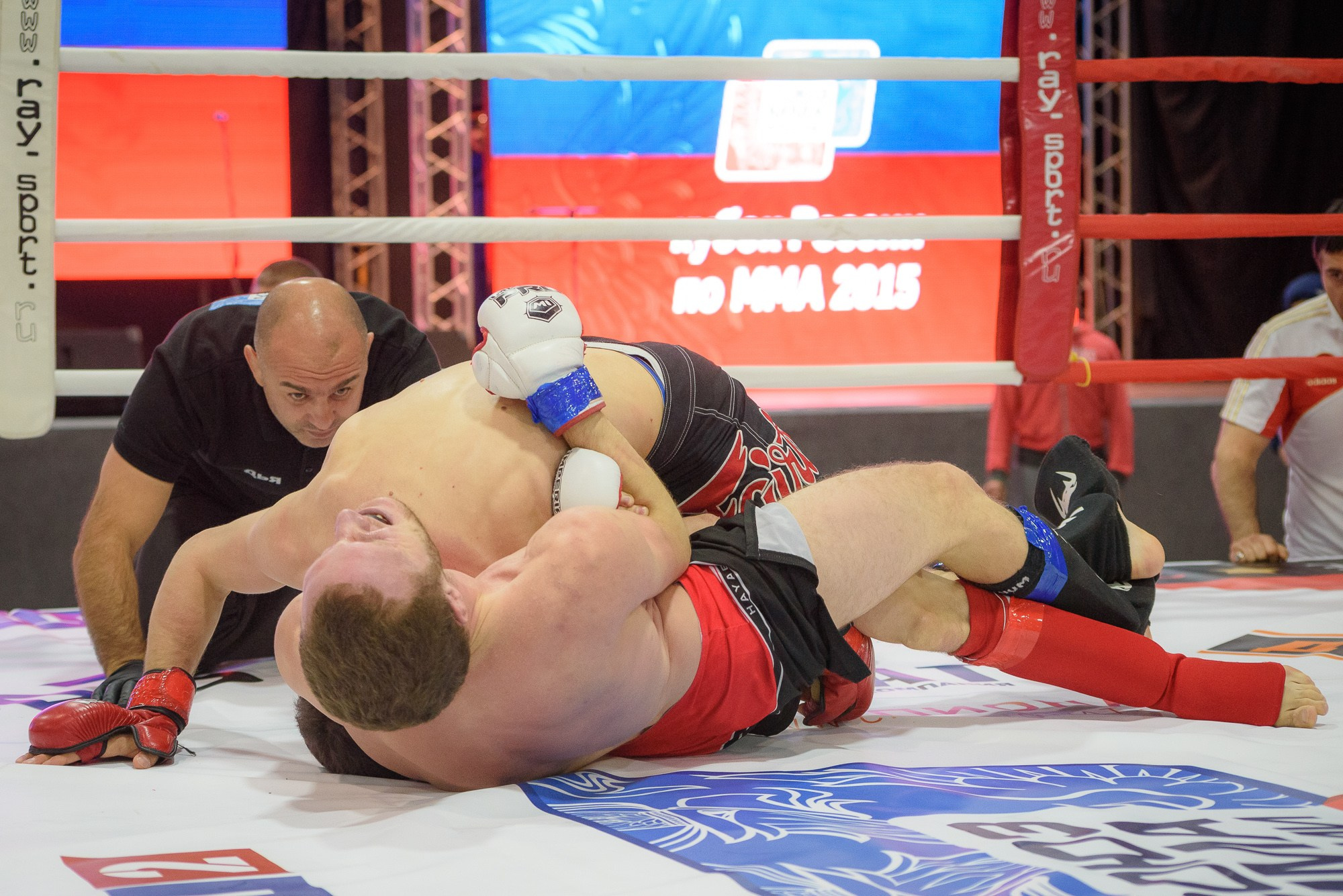 Спортсмены лежат на ринге во время боя, судья следит за соблюдением правил