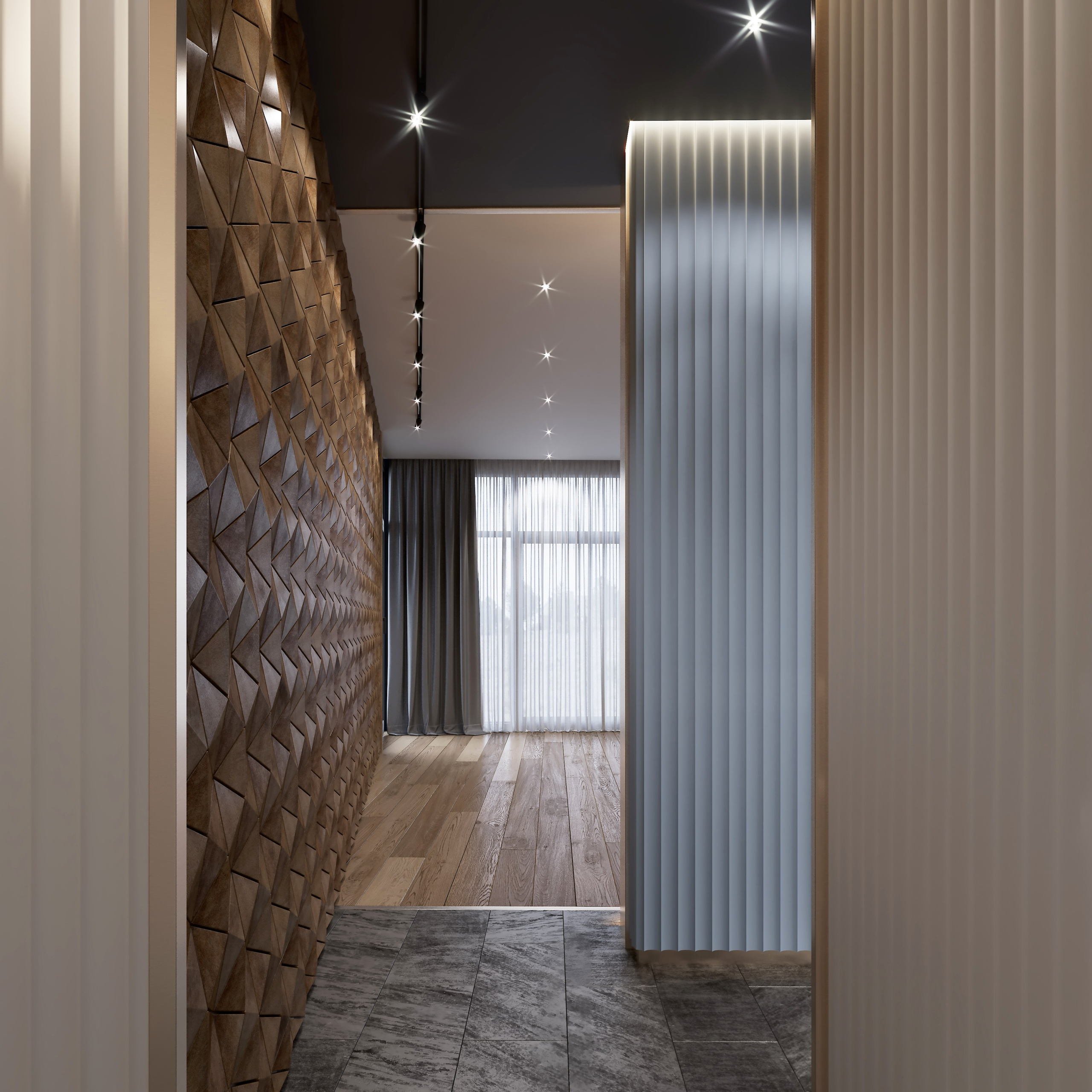 Современный коридор с декоративной панелью и мягкой вертикальной подсветкой.