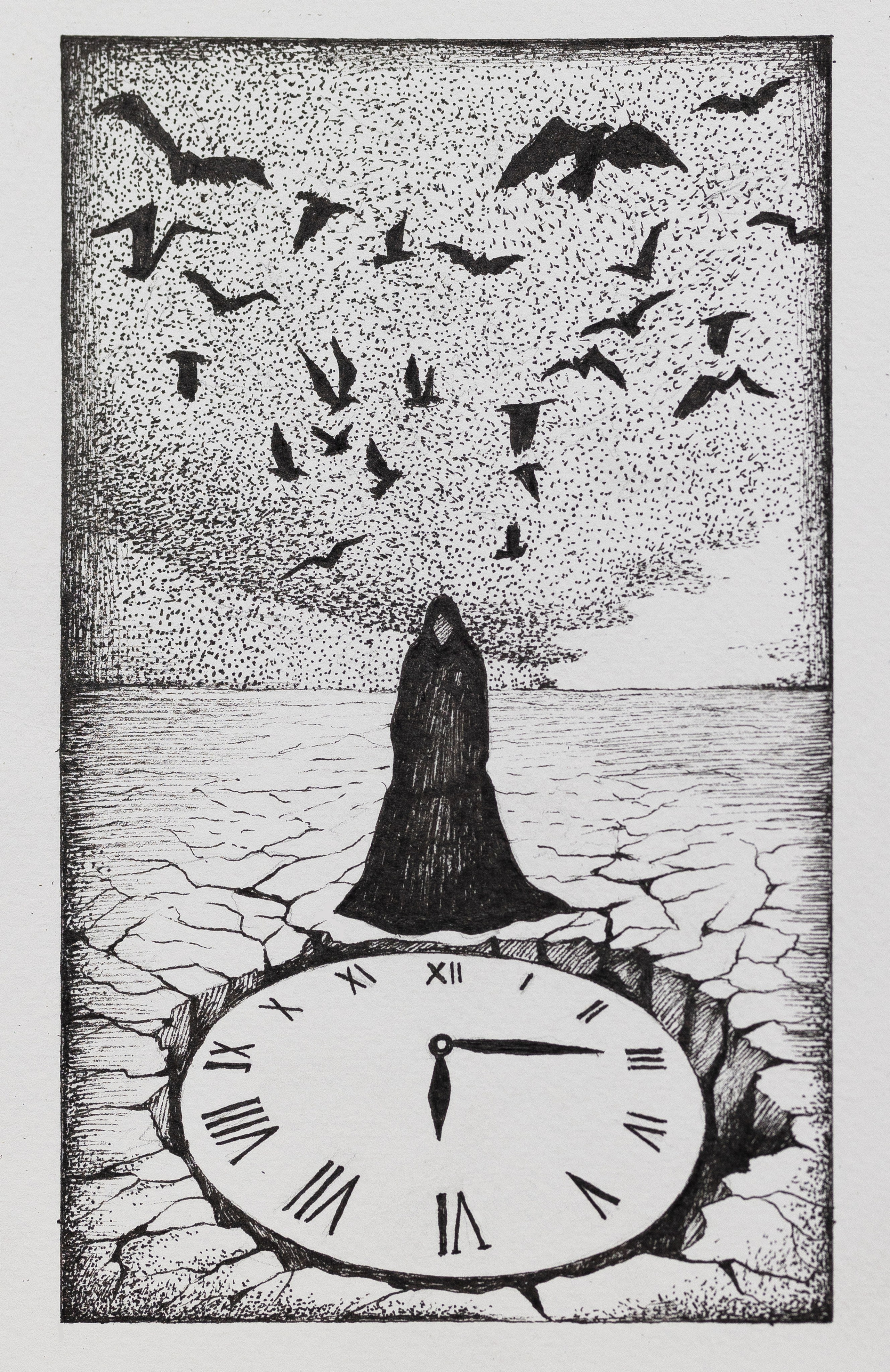 Вне времени .Фигура в чёрном стоит на высохшей земле. Перед ней — огромные часы, врезанные в трещины почвы. Небо наполнено птицами, будто мысли или души, вырывающиеся вверх. Стрелки замерли. Пространство застыло.🖤 Тень: Это состояние внутренней остановки. Когда человек живёт, но как будто не движется. Внешне всё может идти — дни, события, разговоры. Внутри — ощущение замершего времени. Тень проявляется как:— чувство «я застрял»— жизнь в ожидании будущего момента— ощущение, что всё уже поздно— страх сделать шаг, чтобы не нарушить привычную пустоту Высохшая земля — выжженные чувства. Часы в трещине — раскол между прошлым и настоящим. Птицы — возможности, которые улетают, пока человек стоит. Ключ к Исцелению: Время не останавливается. Останавливается внимание. Иногда пауза нужна — но она не должна становиться домом. Карта говорит: выйти из роли наблюдателя собственной жизни. Сделать маленькое движение. Вернуть телу импульс. Позволить себе быть внутри потока, а не над ним. Жизнь начинается не тогда, когда «настанет время», а когда ты делаешь шаг. Ключ к исцелению и практическая работа в руководстве к картам. стоимость постера 3000р.