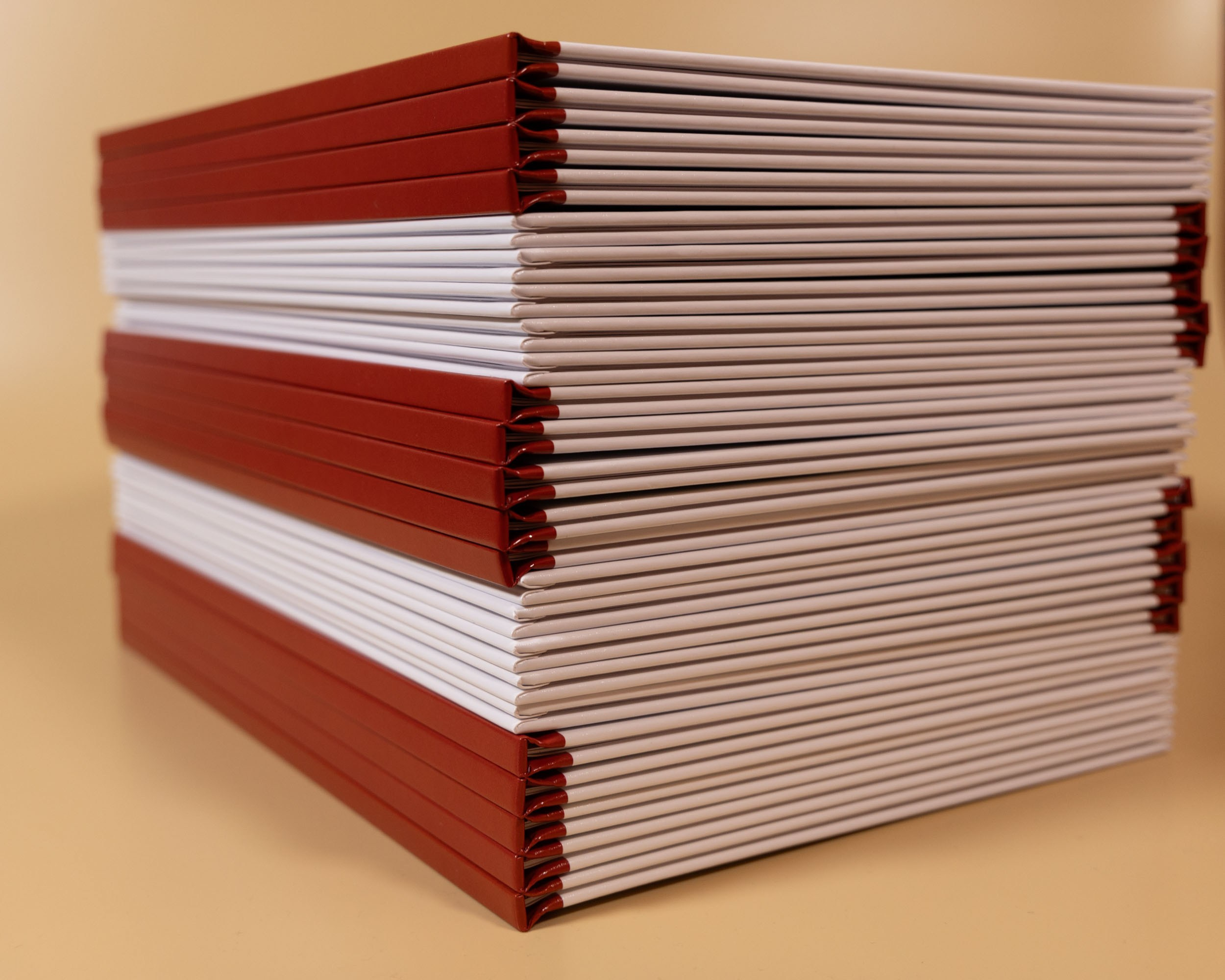 Стопка выпускных альбомов с бордовым корешком.